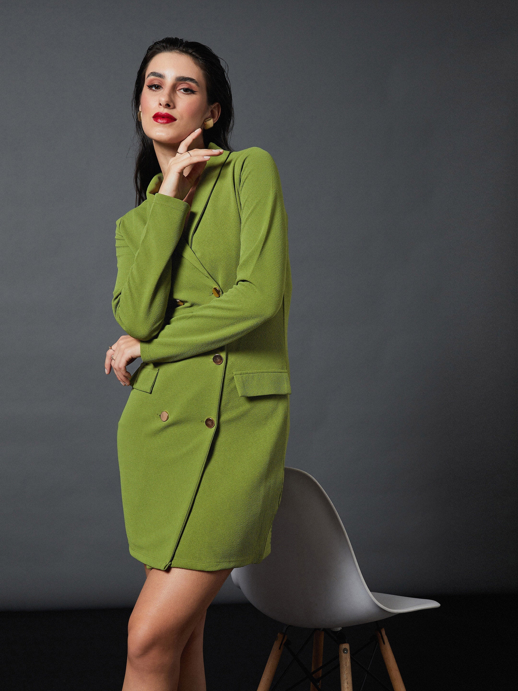 Women Olive Double Breasted Blazer Dress