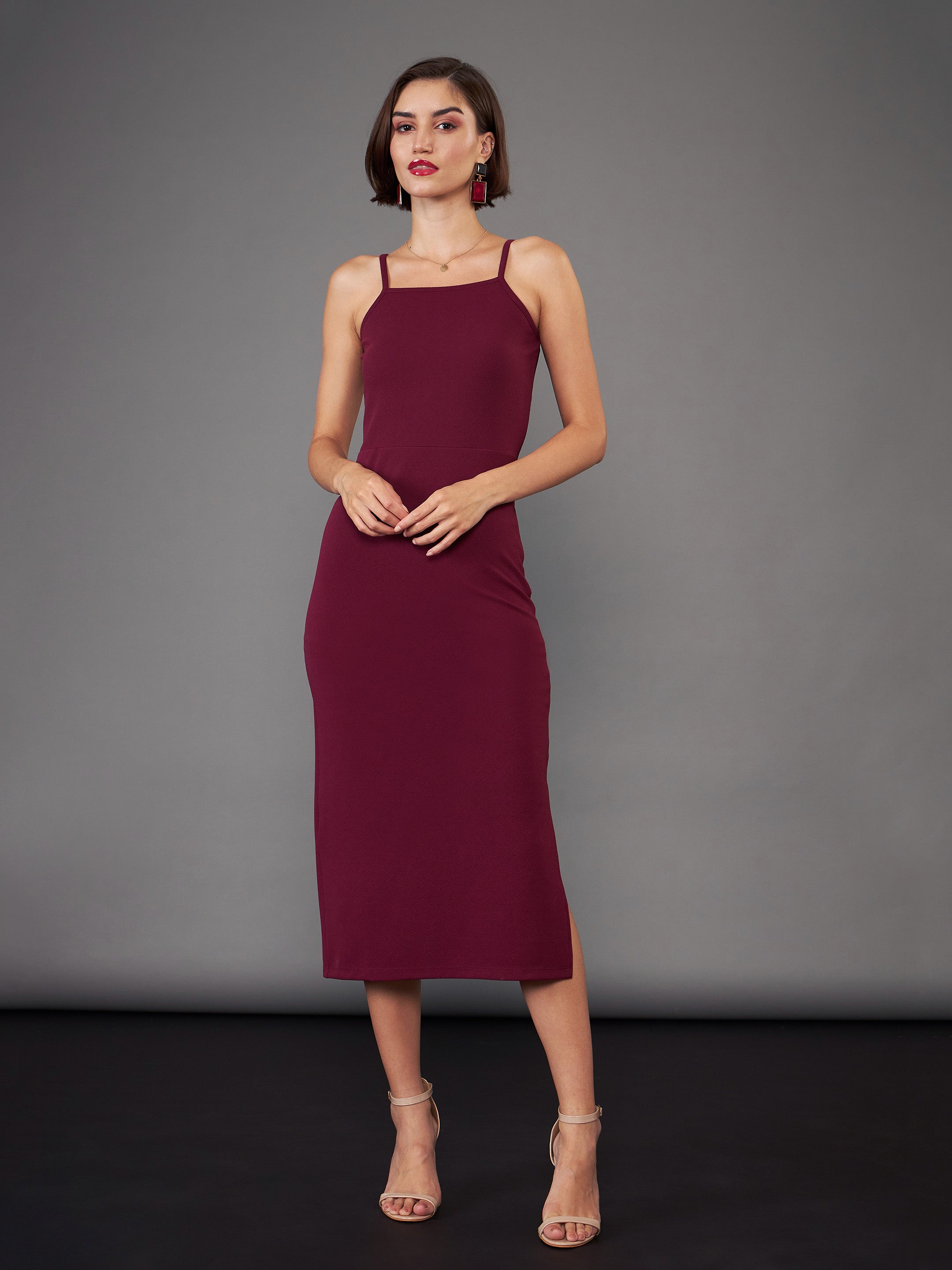 Women Burgundy Strappy Bodycon Dress With Crop Shrug