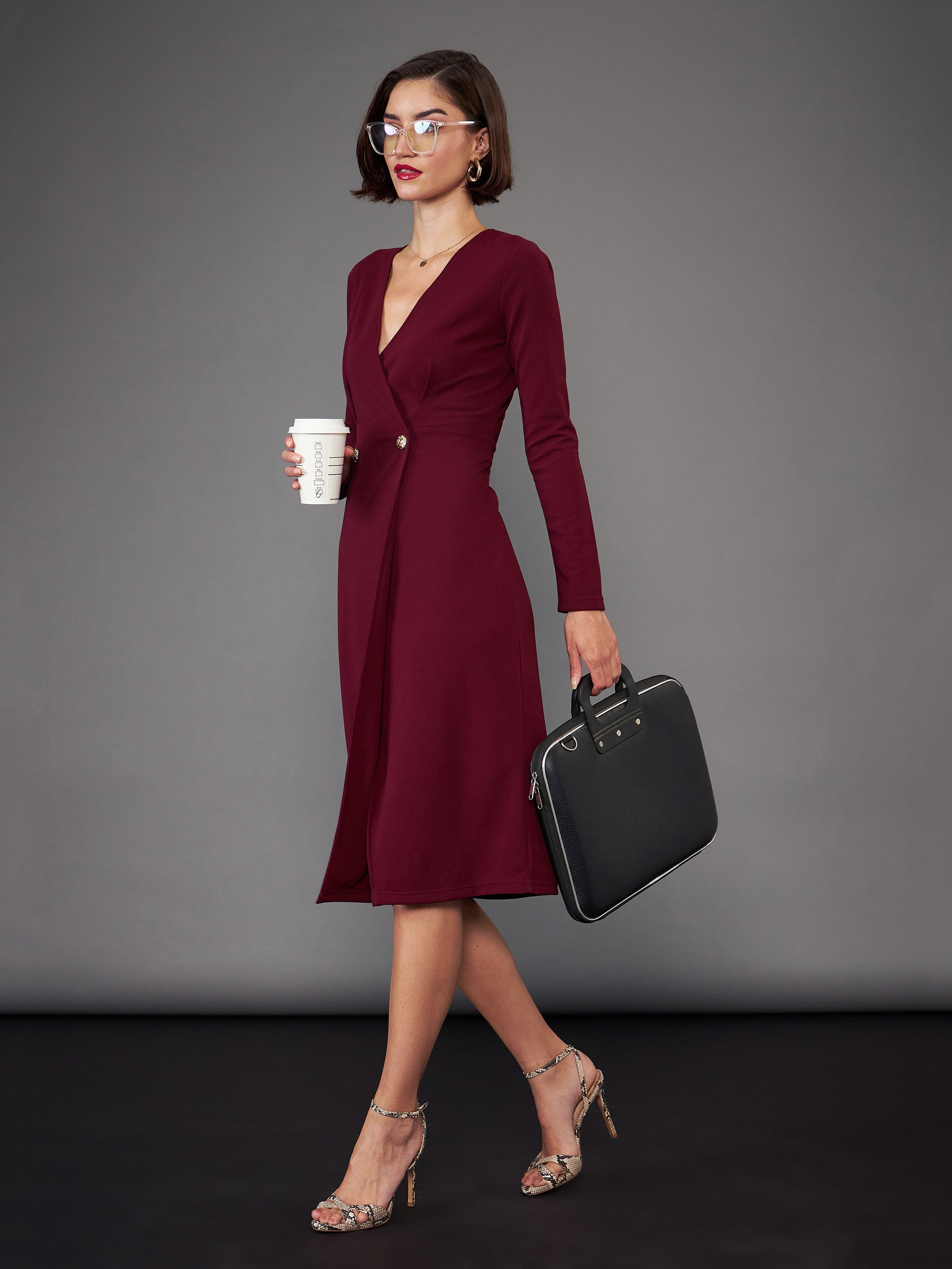 Women Burgundy Blazer Midi Dress