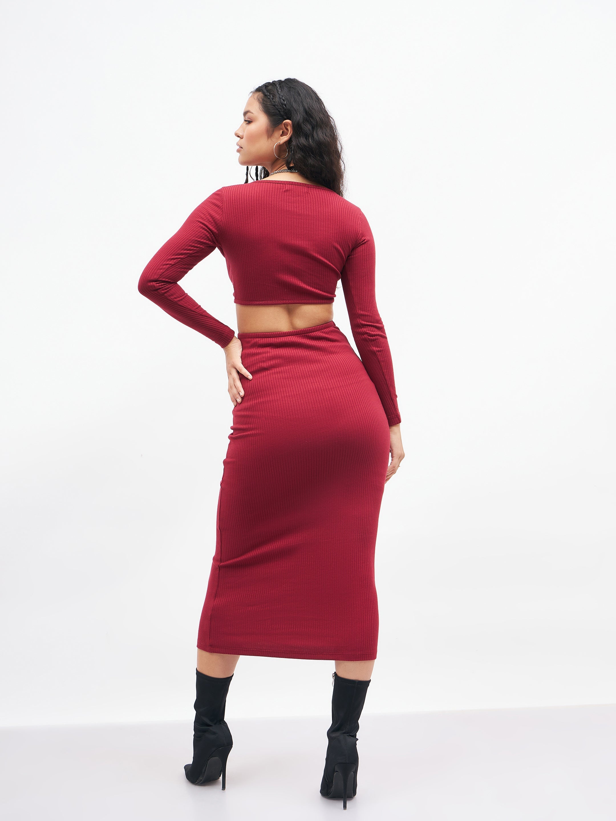 Women Maroon Rib Waist Cut Out Maxi Dress