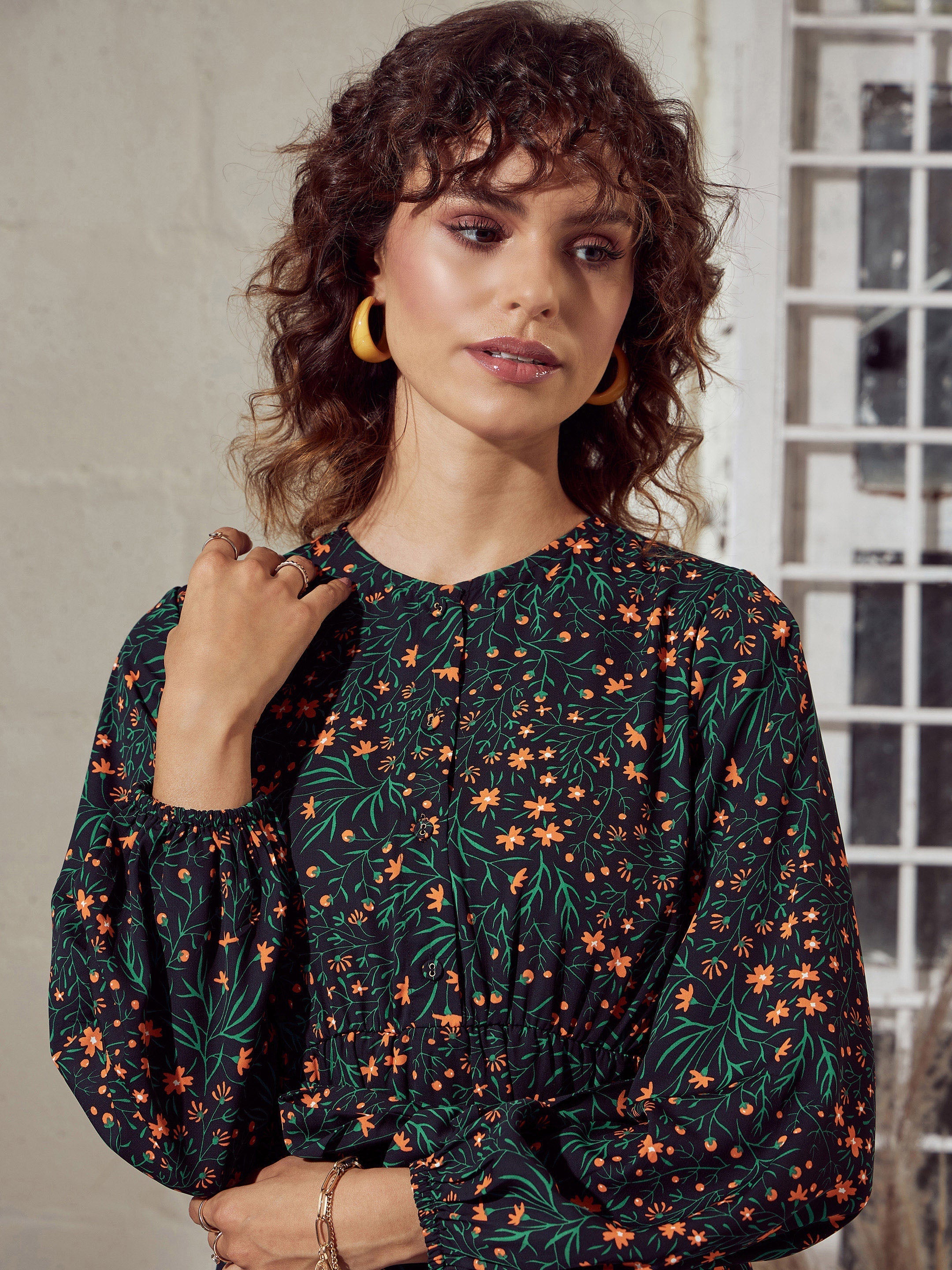 Women Green Ditsy Floral Belted Midi Dress