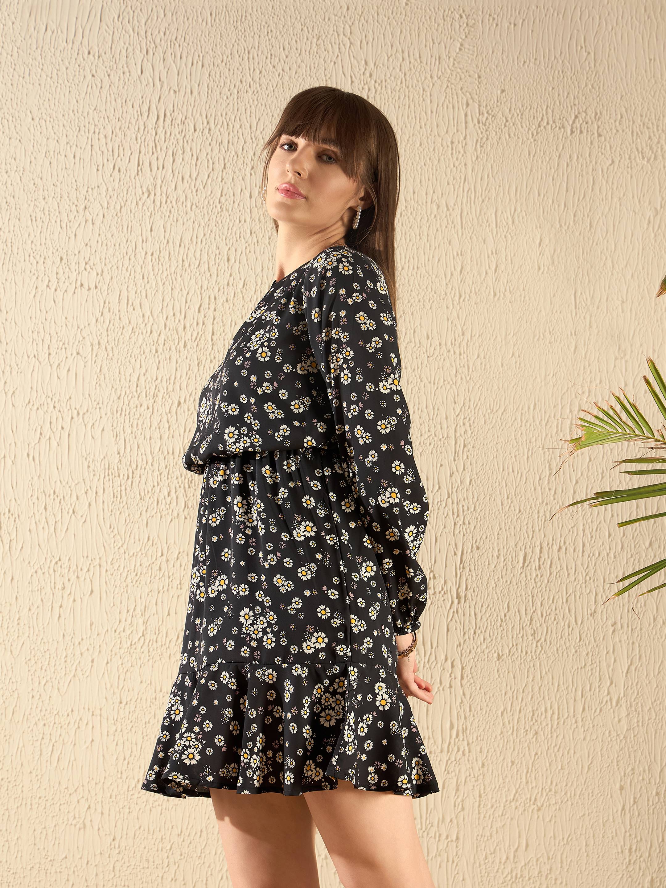 Women Black Floral Frill Hem Mini Dress