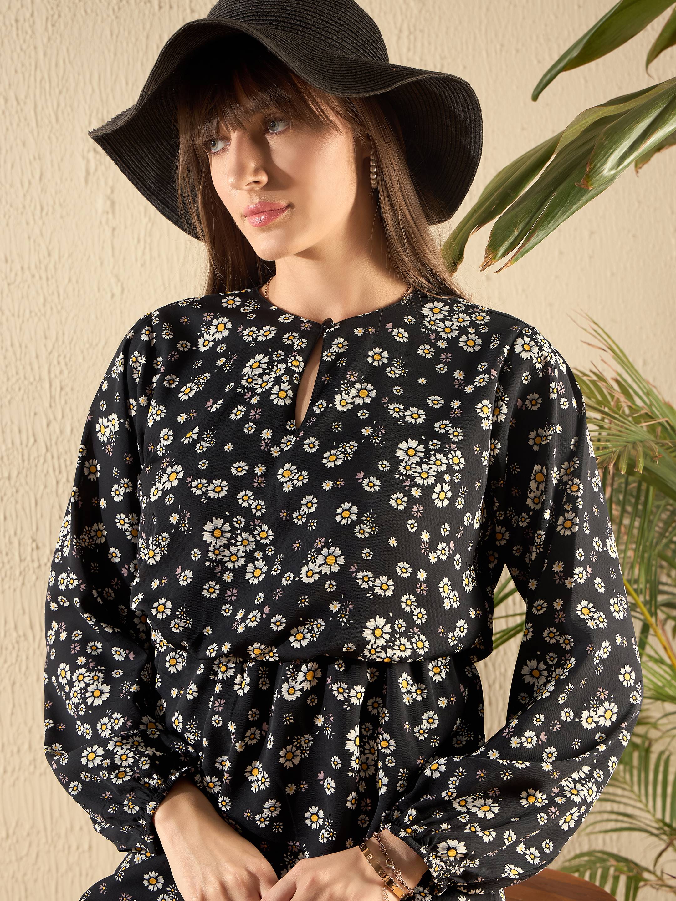Women Black Floral Frill Hem Mini Dress