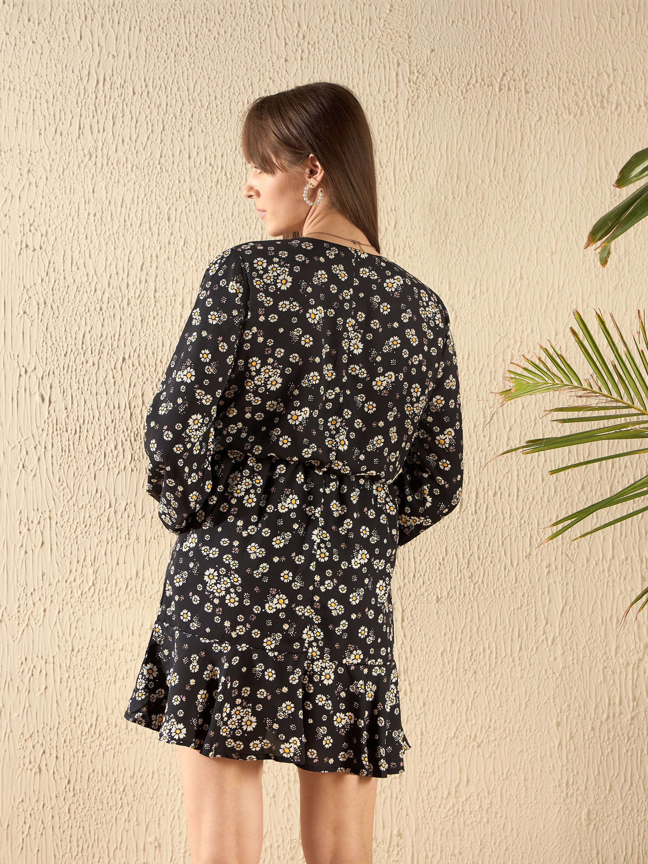 Women Black Floral Frill Hem Mini Dress