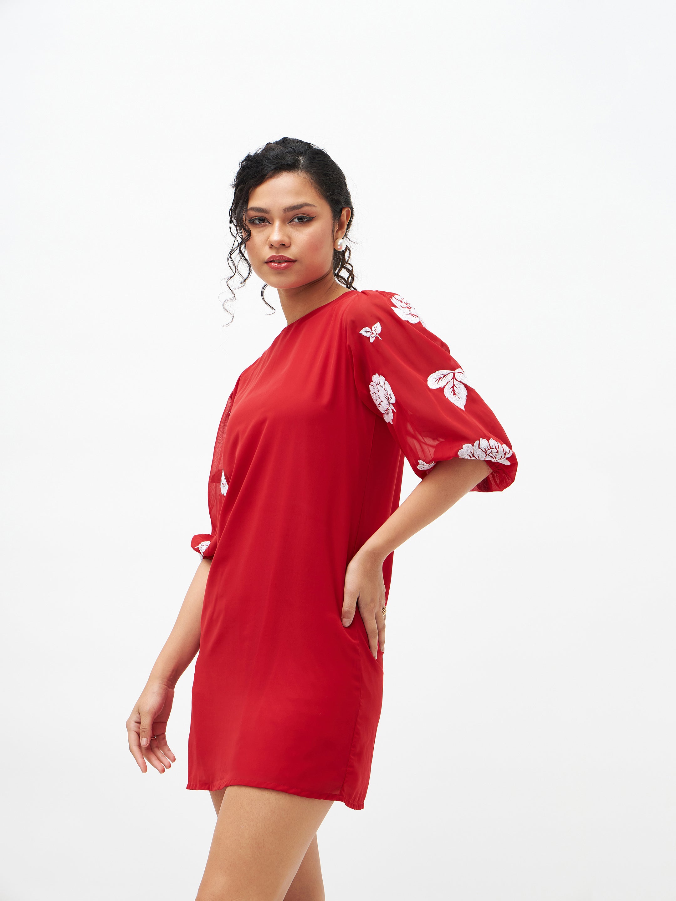 Women Red Floral Embroidered Puff Sleeves Dress