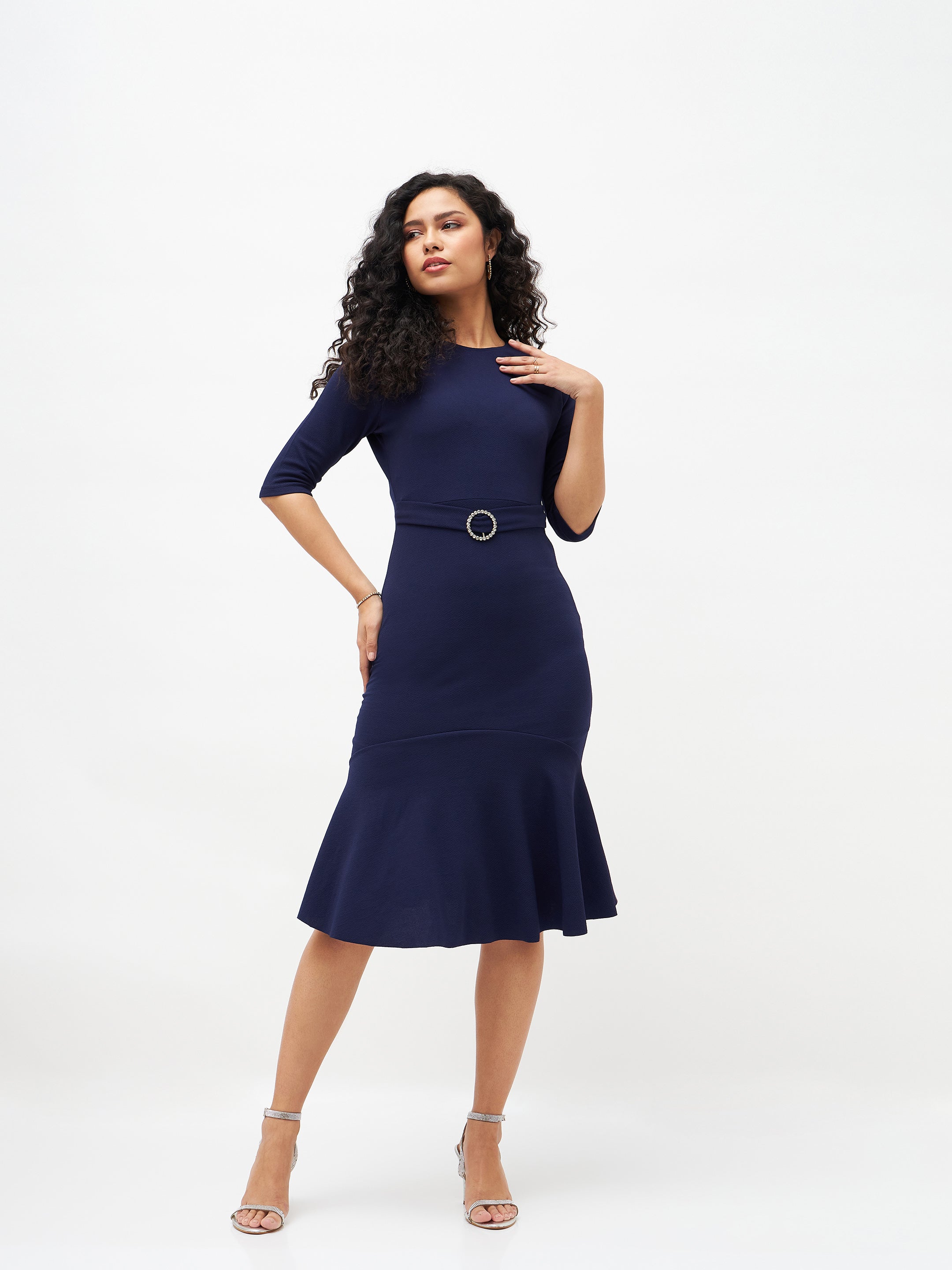 Women Navy Frill Hem Belted Midi Dress