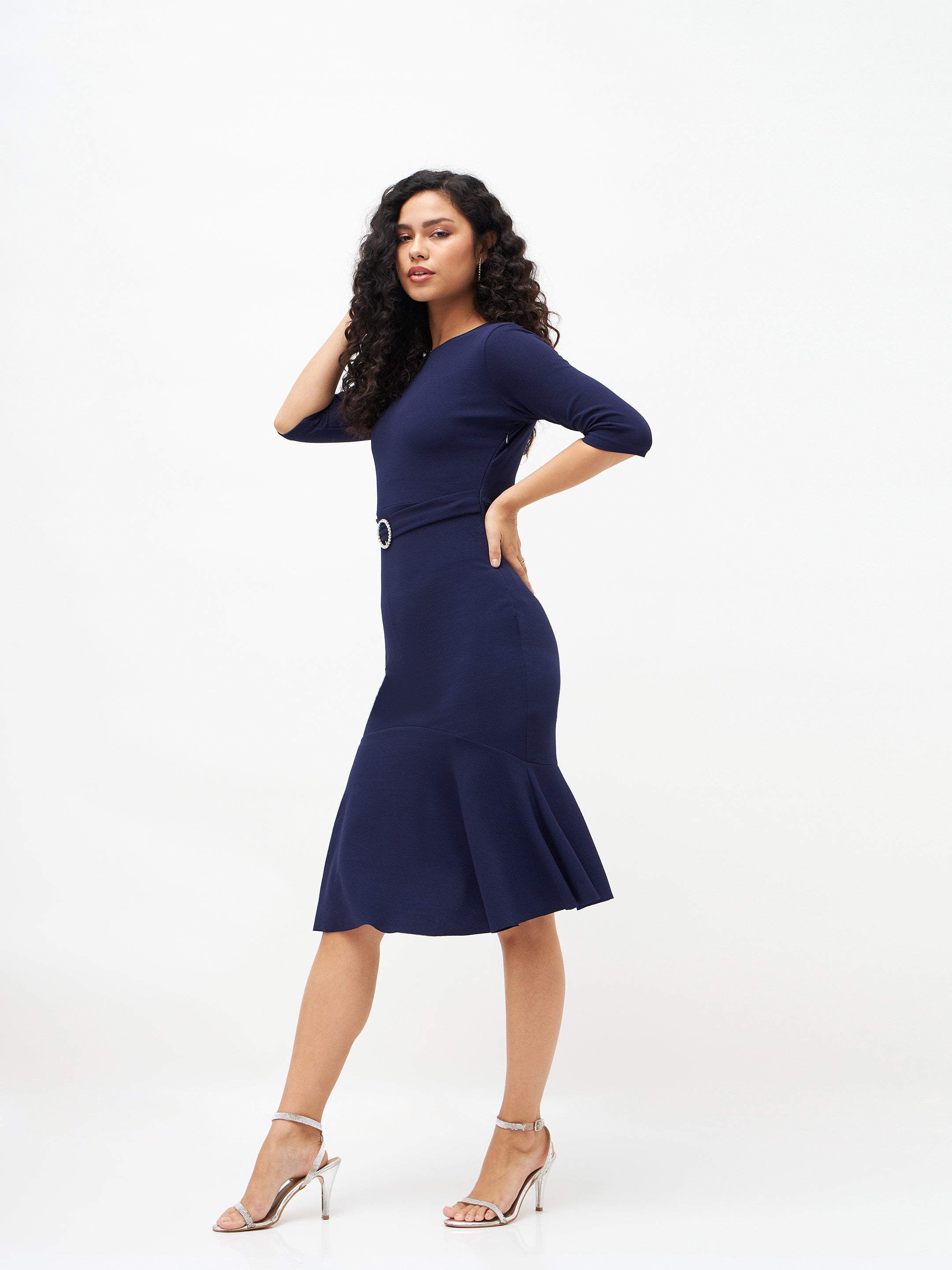 Women Navy Frill Hem Belted Midi Dress