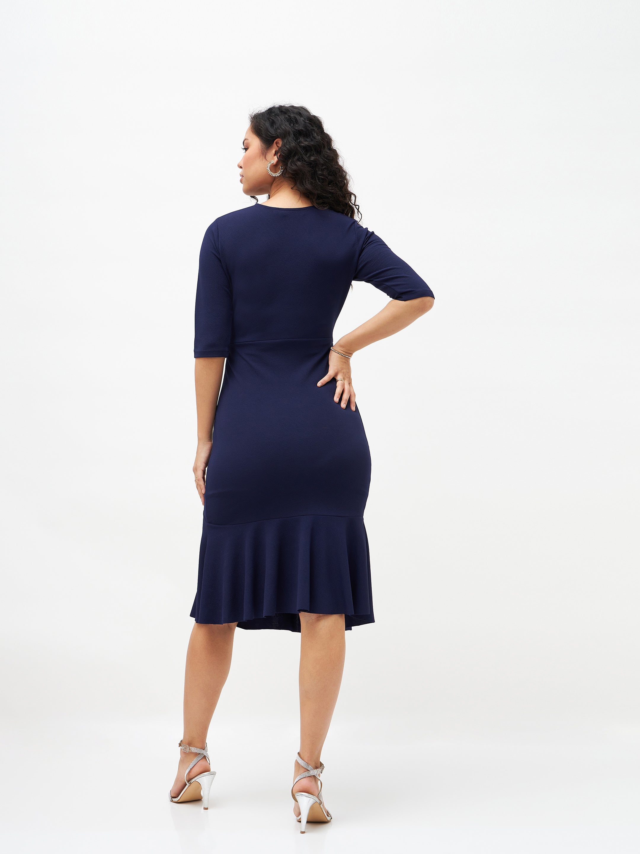 Women Navy Frill Hem Belted Midi Dress