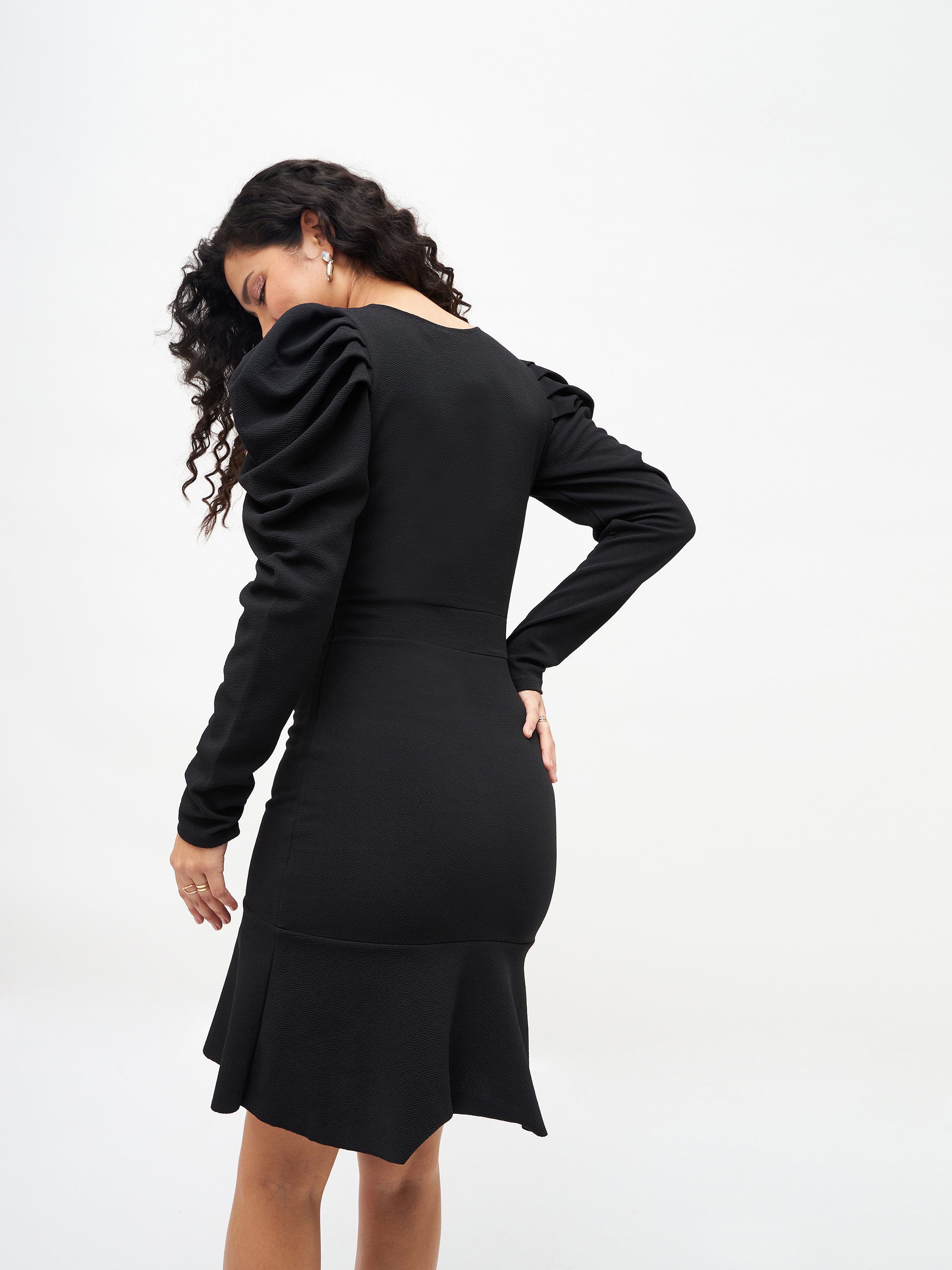 Women Black Puff Sleeves Frill Hem Bodycon Dress