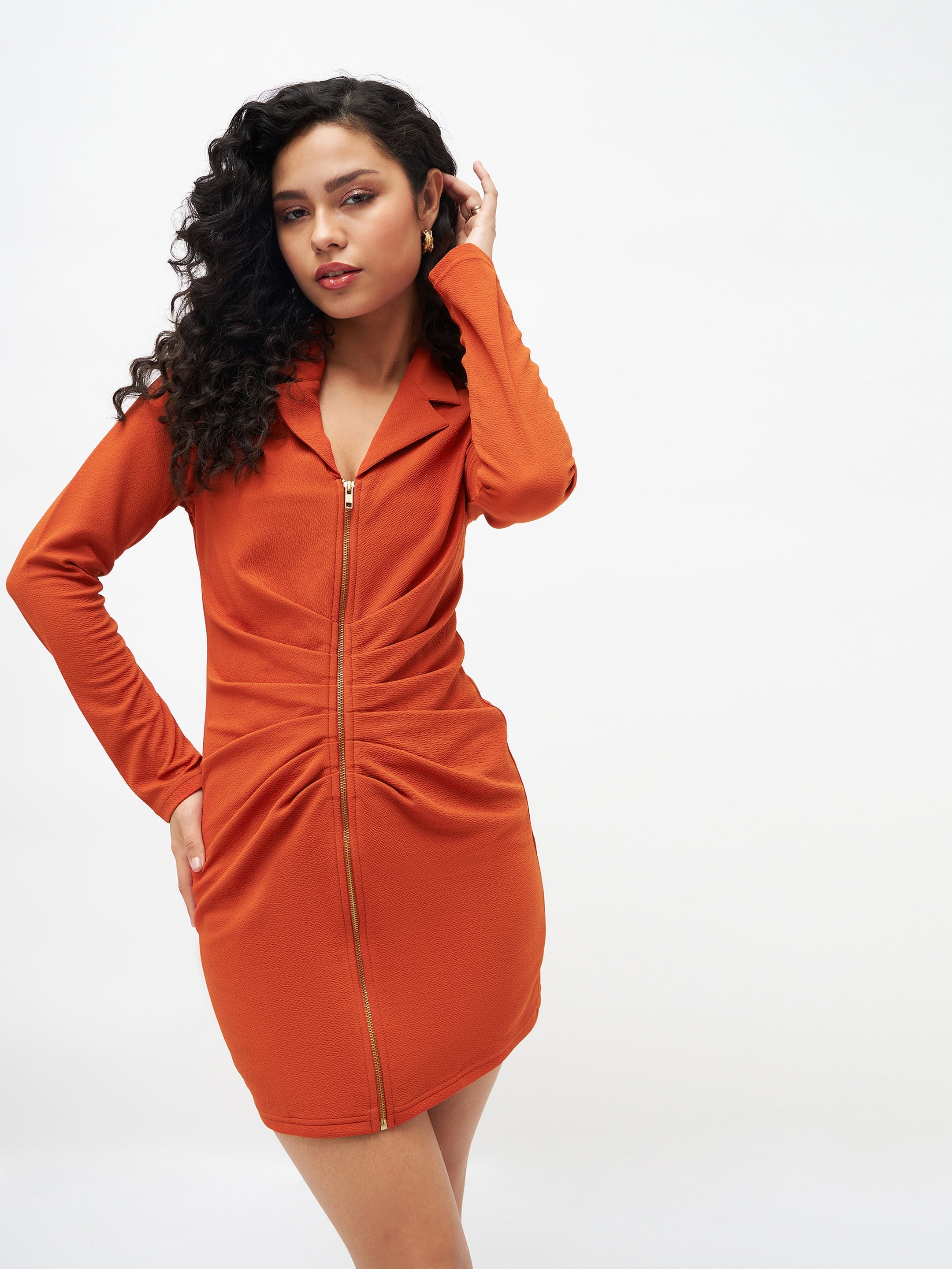 Women Orange Front Zipper Bodycon Dress