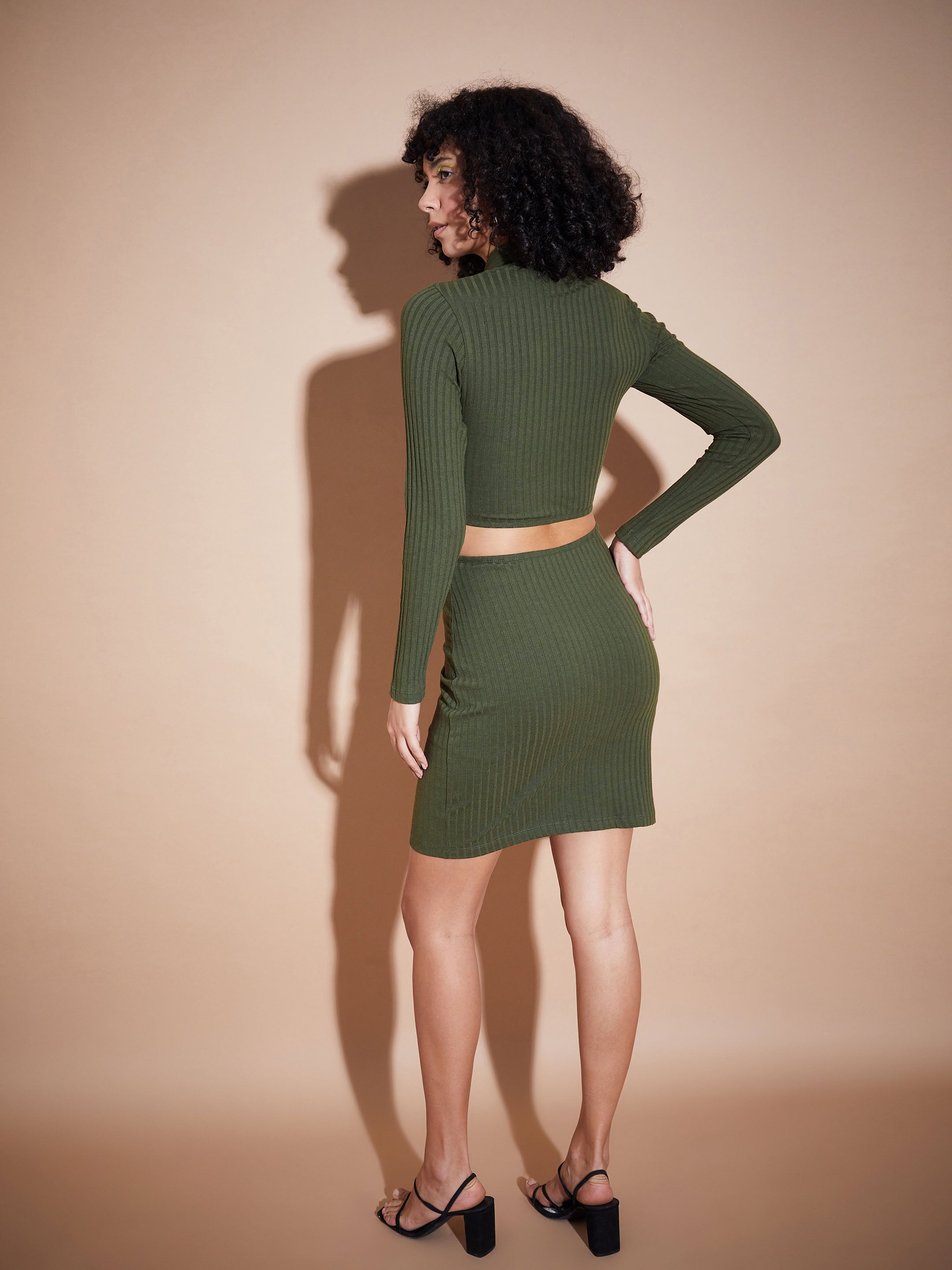 Women Olive Side Cut-Out Bodycon Rib Dress