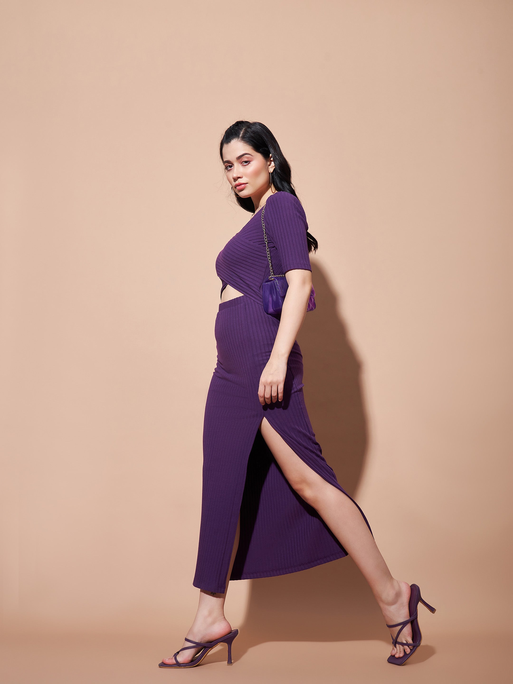 Women Purple Side Slit V-Neck Rib Maxi Dress