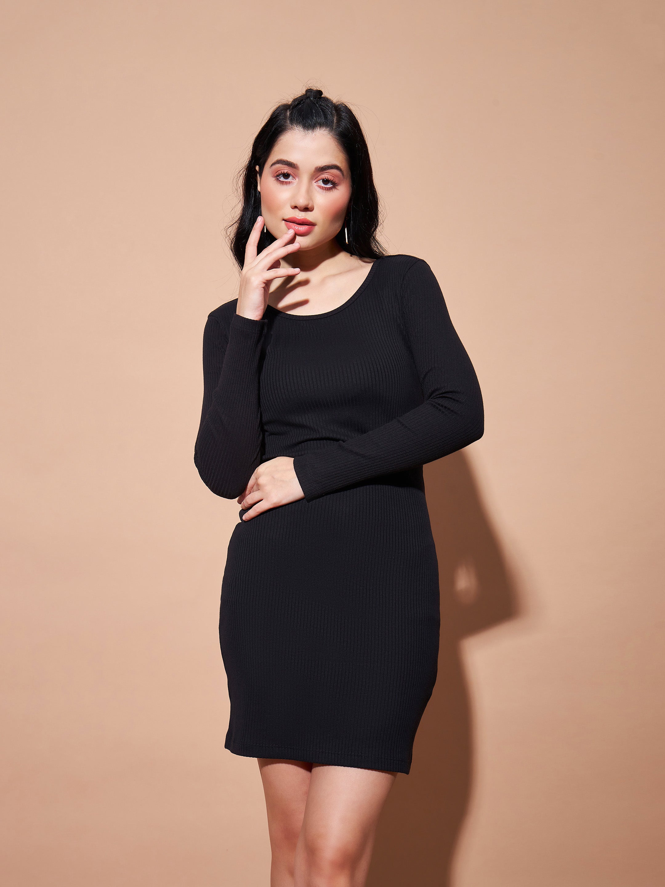 Women Black Basic Bodycon Rib Dress