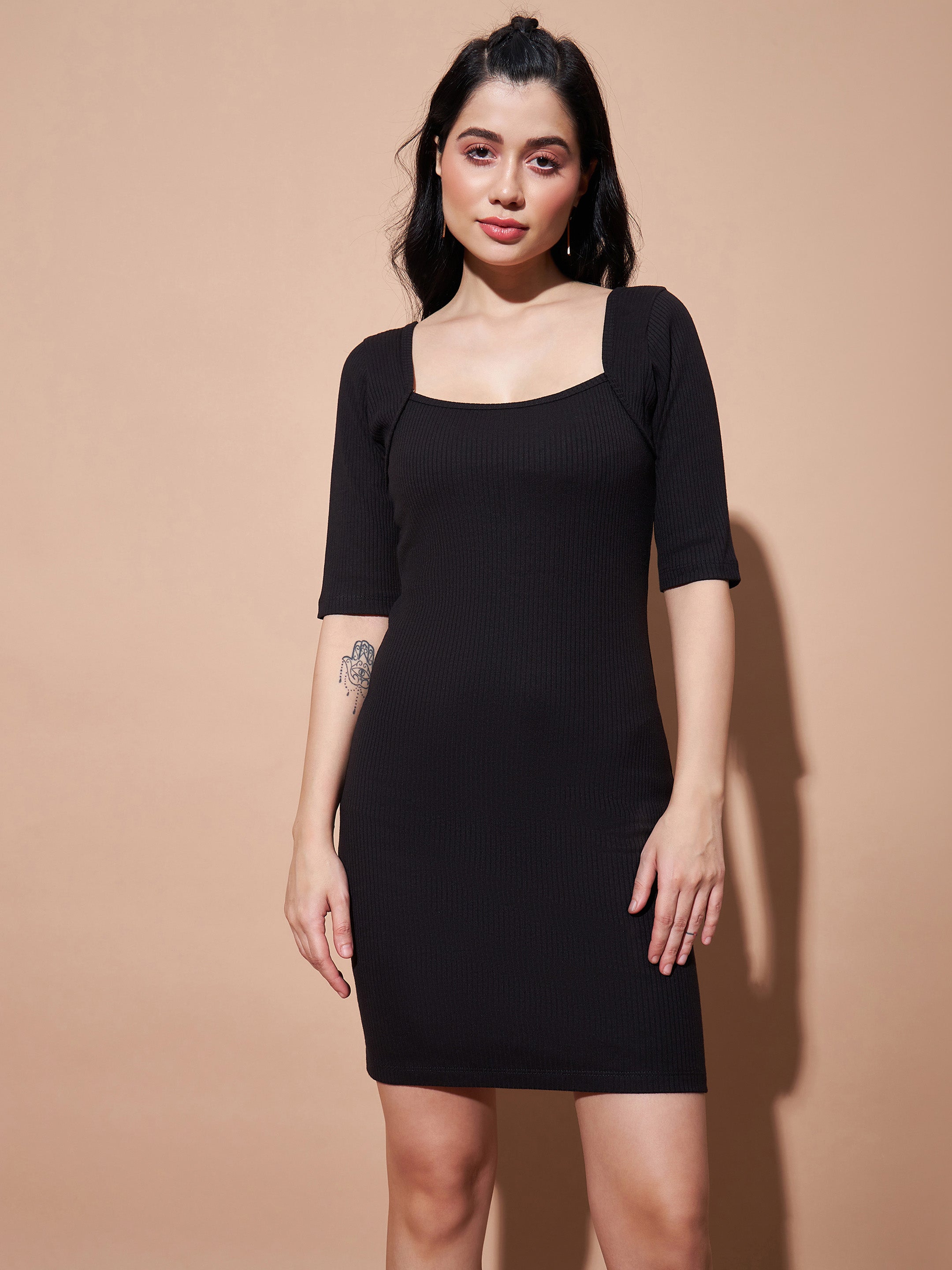 Women Black Rib Square Neck Short Dress