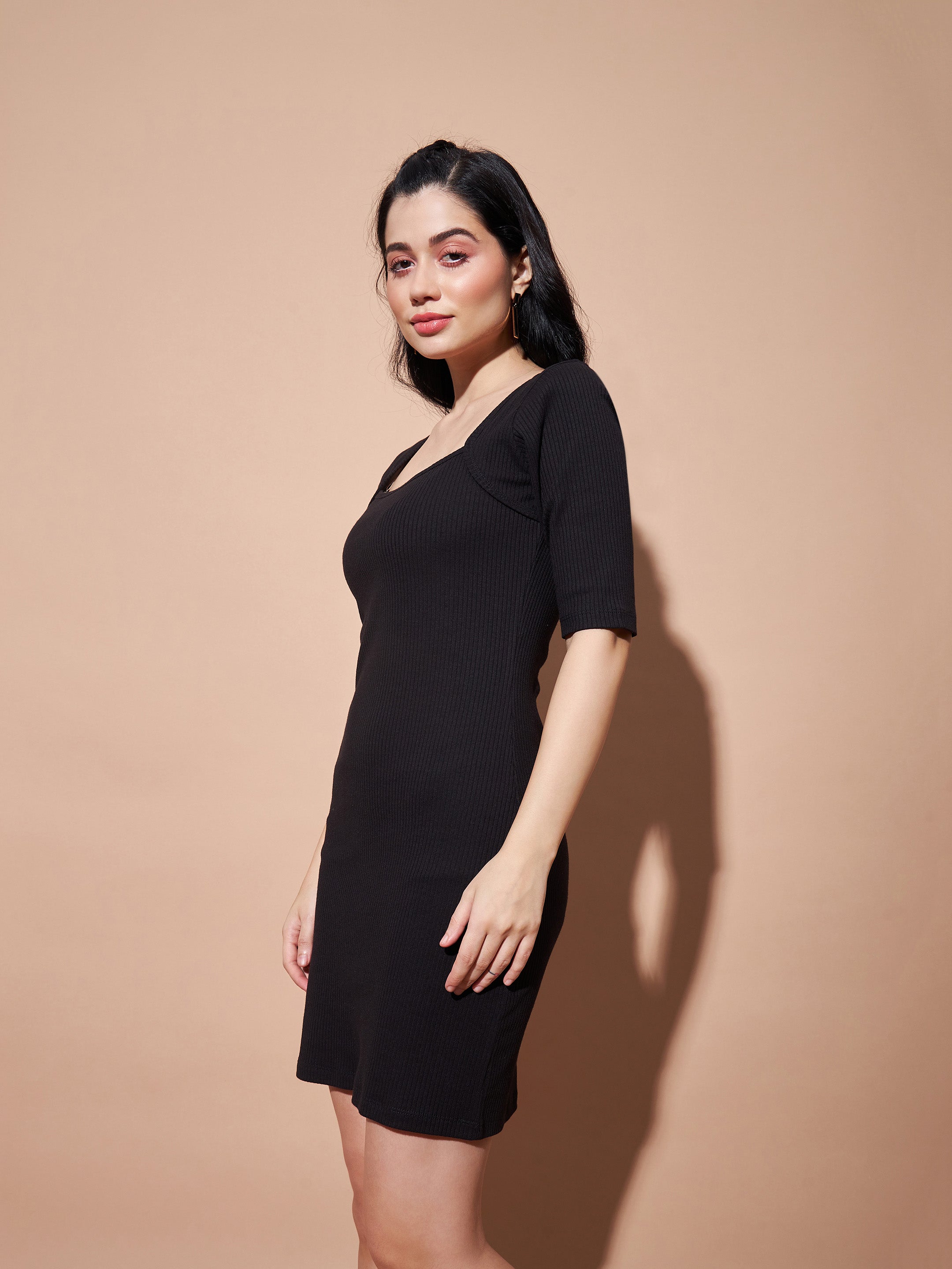 Women Black Rib Square Neck Short Dress