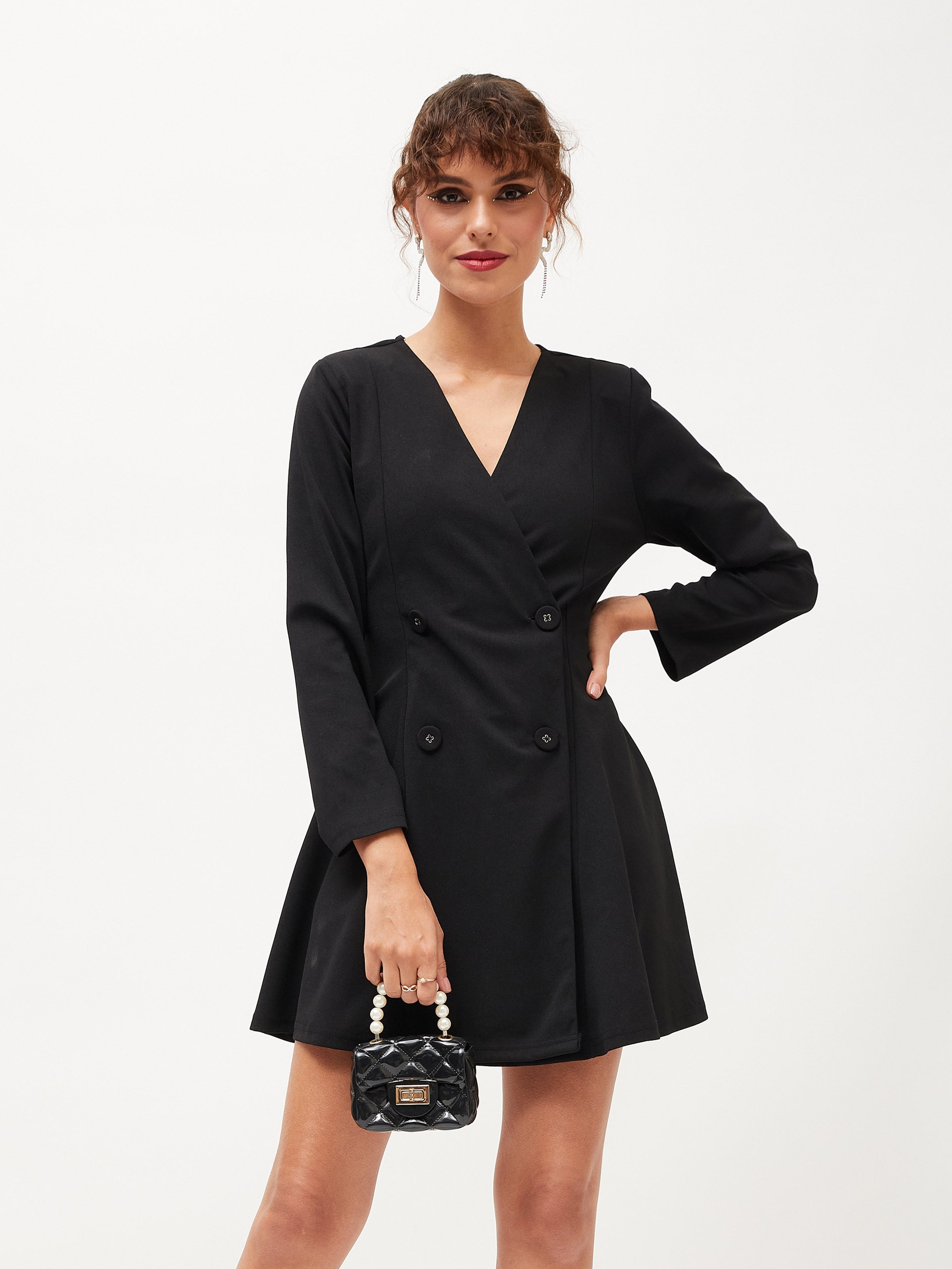 Women Black Knitted Wrap Dress