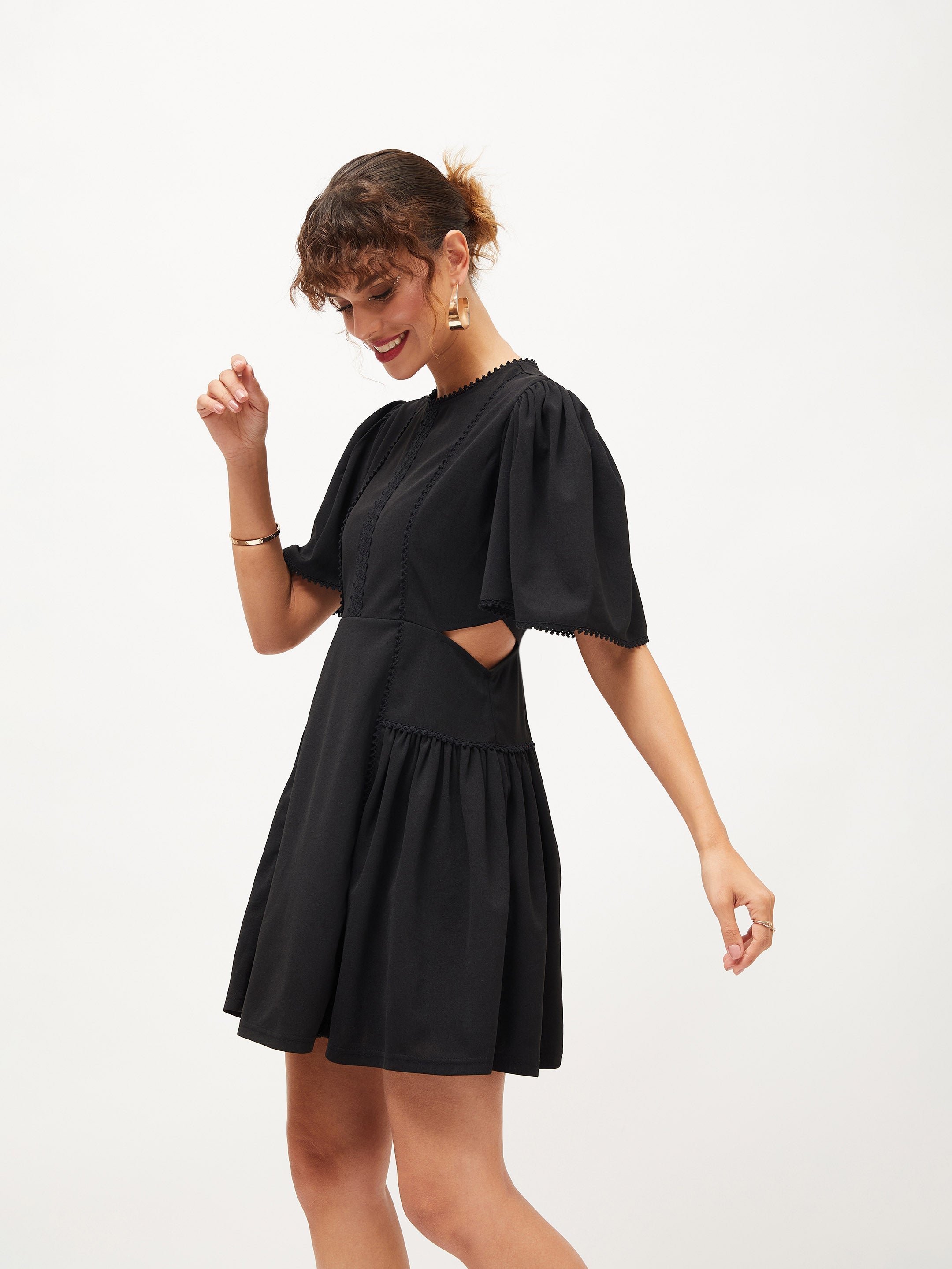 Women Black Side Cut Out Skater Dress