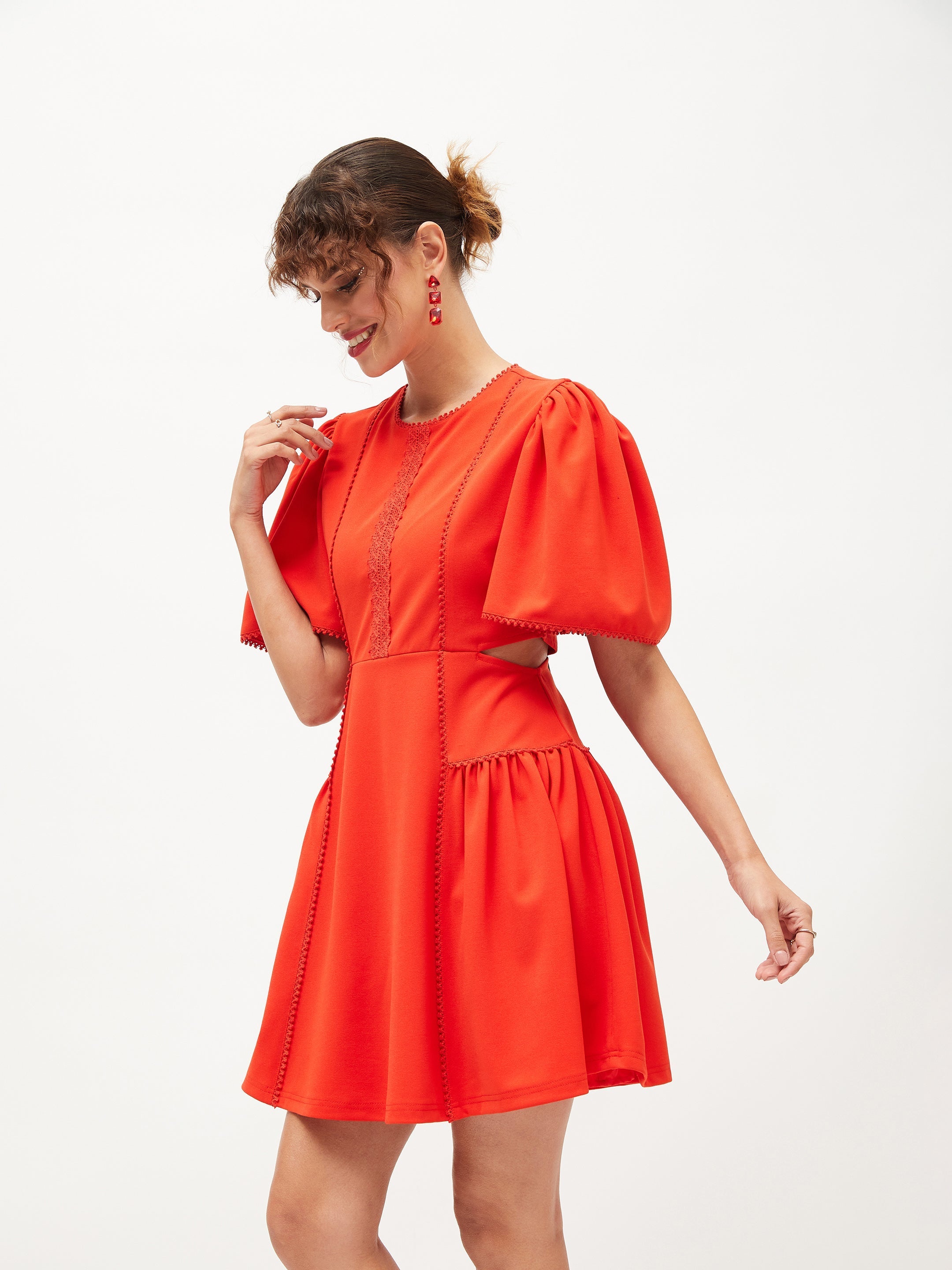 Women Orange Side Cut Out Skater Dress