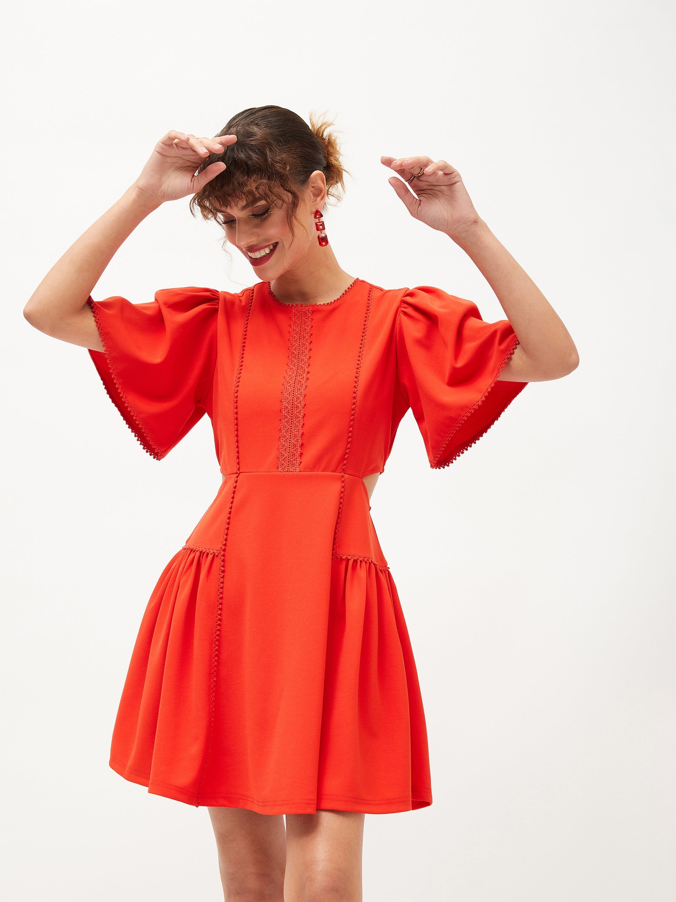 Women Orange Side Cut Out Skater Dress