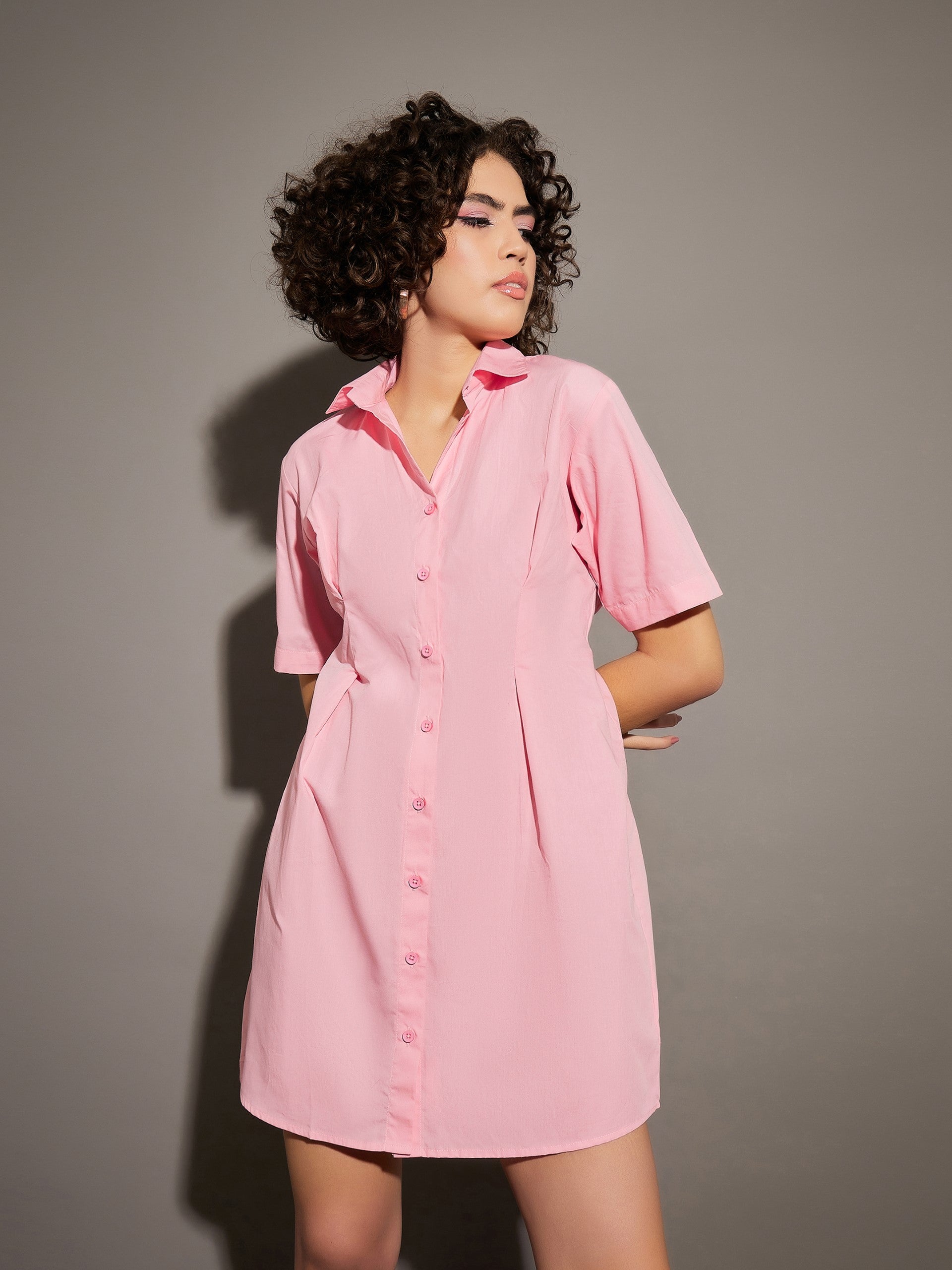 Women Pink Poplin Shirt Dress