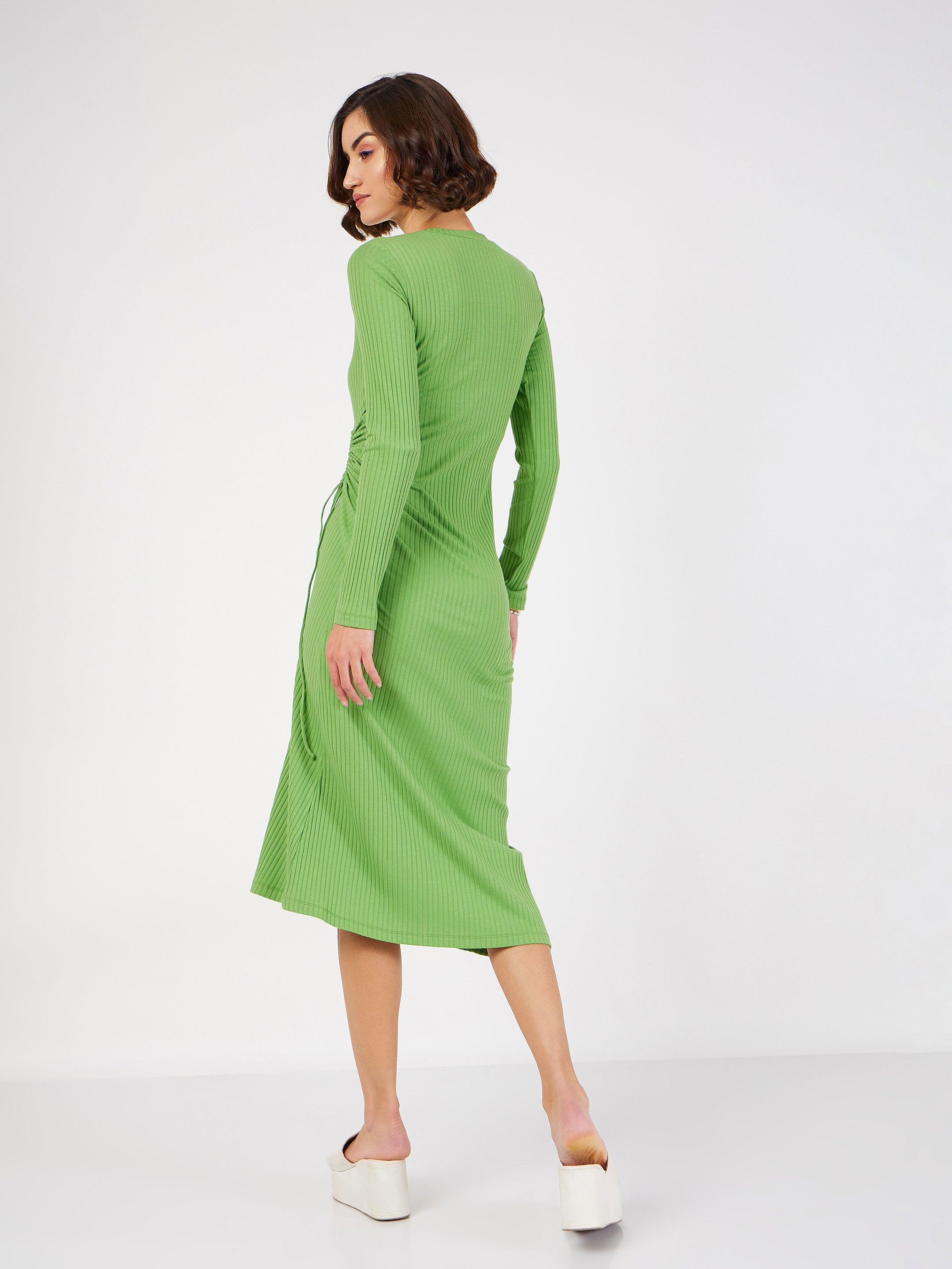 Women Green Rib Side Ruched Bodycon Midi Dress