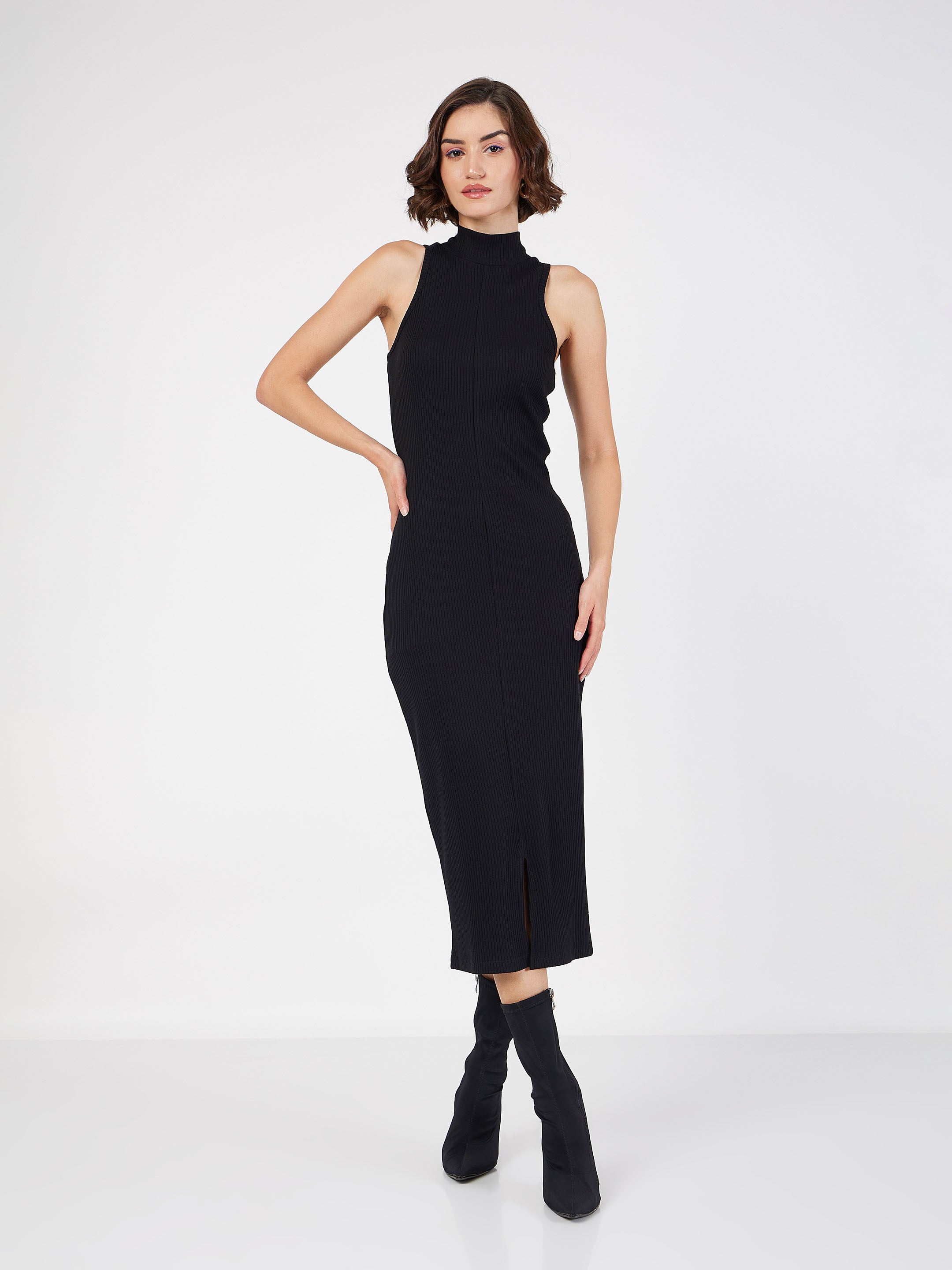 Women Black Rib Turtle Neck Sleeveless Midi Dress