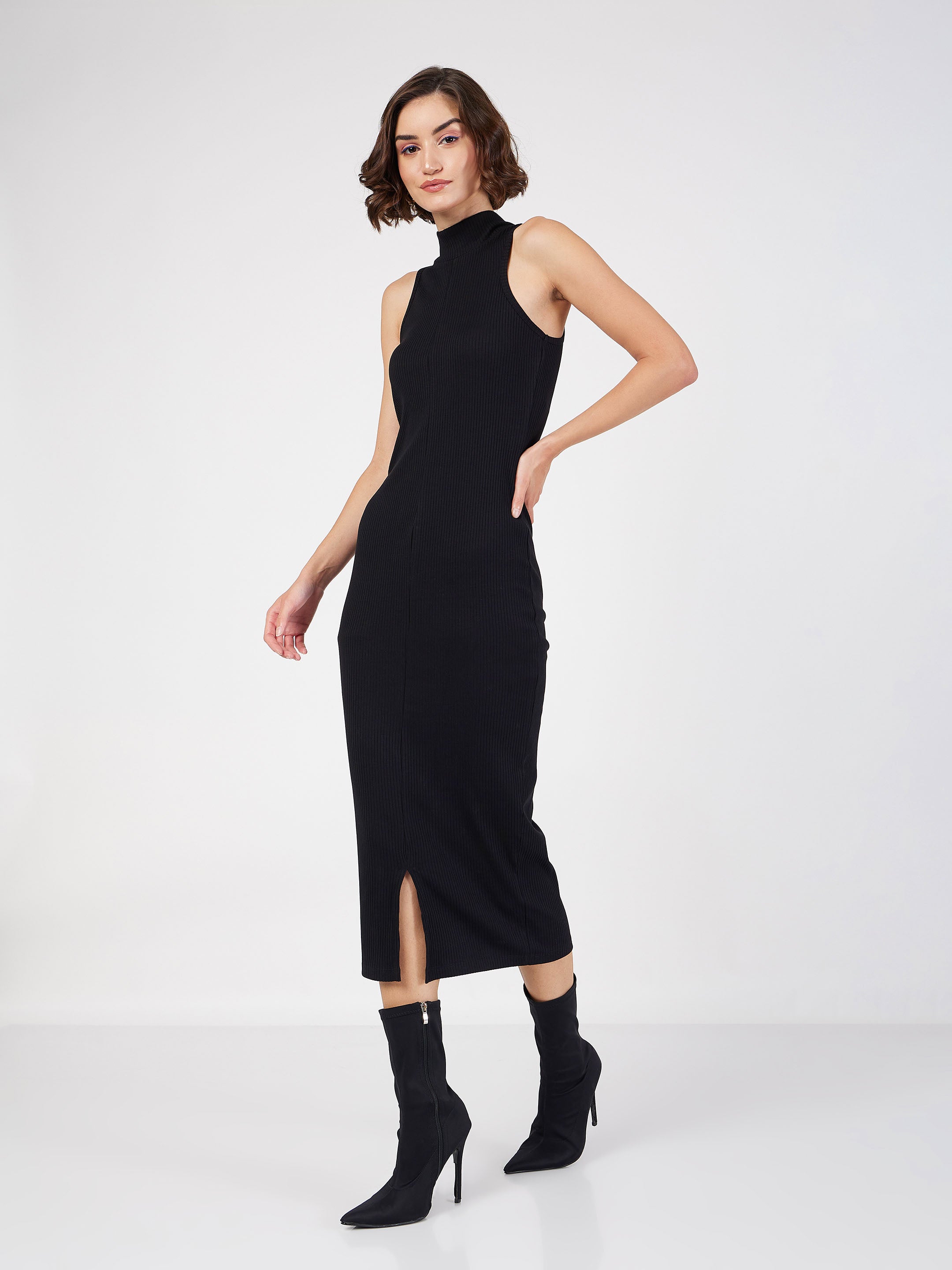 Women Black Rib Turtle Neck Sleeveless Midi Dress