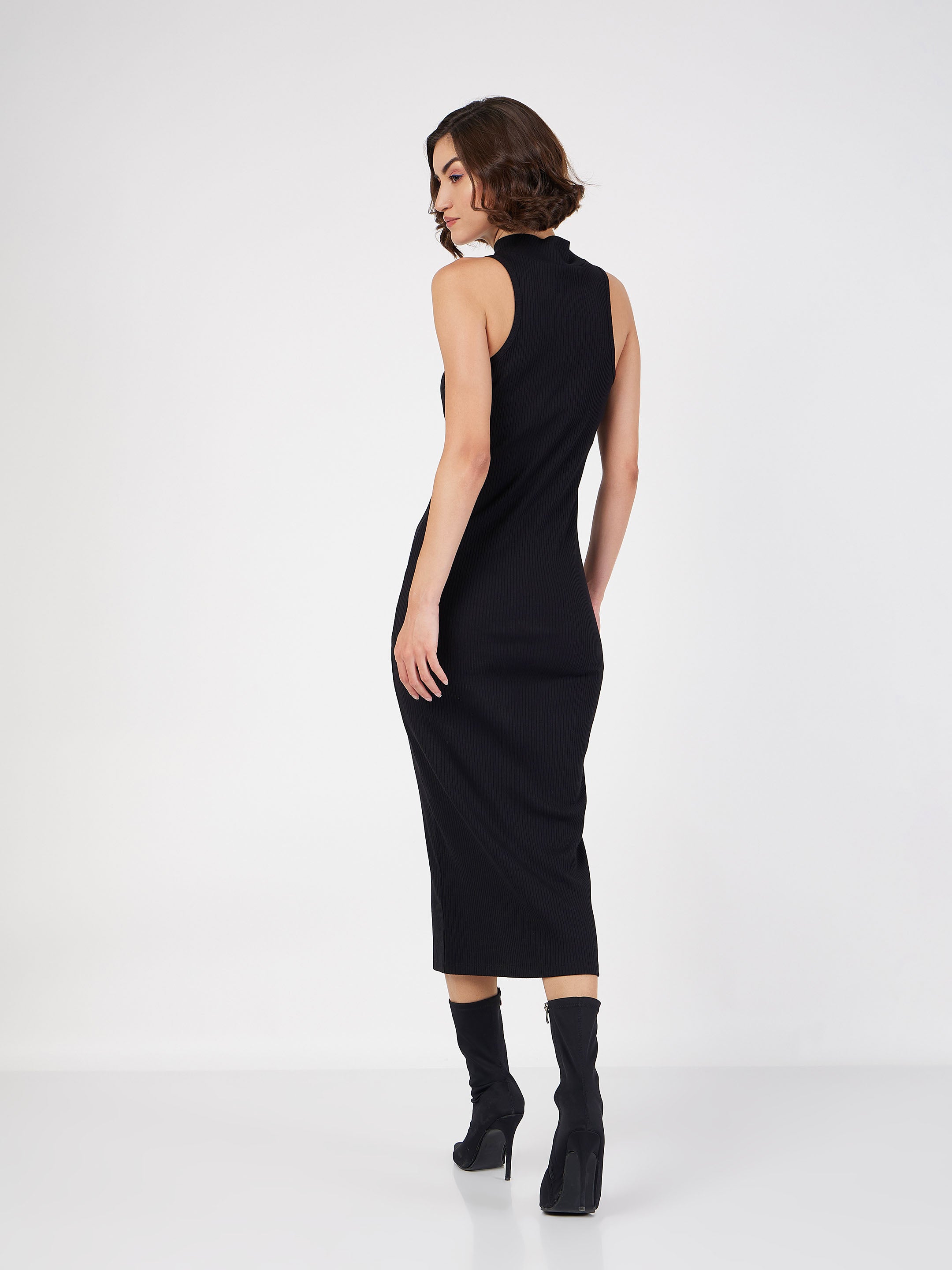 Women Black Rib Turtle Neck Sleeveless Midi Dress