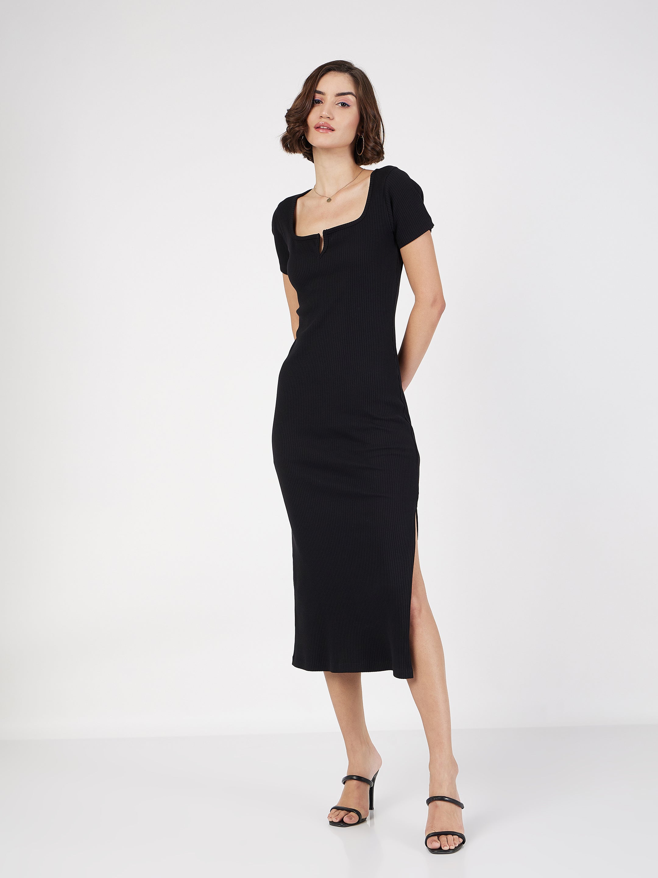 Women Black Rib V-Neck Midi Dress