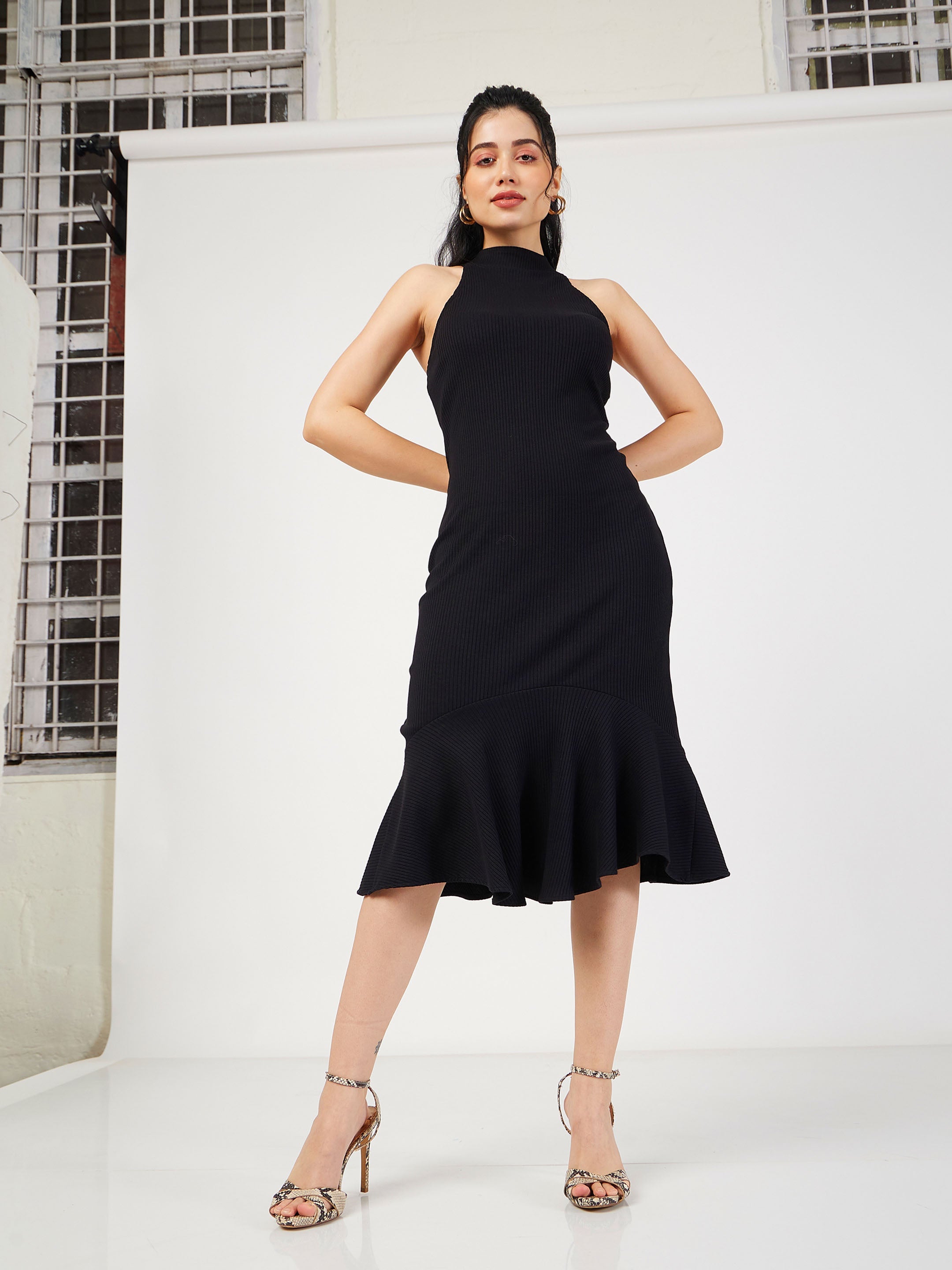 Women Black Rib Fish Frill Bodycon Midi Dress