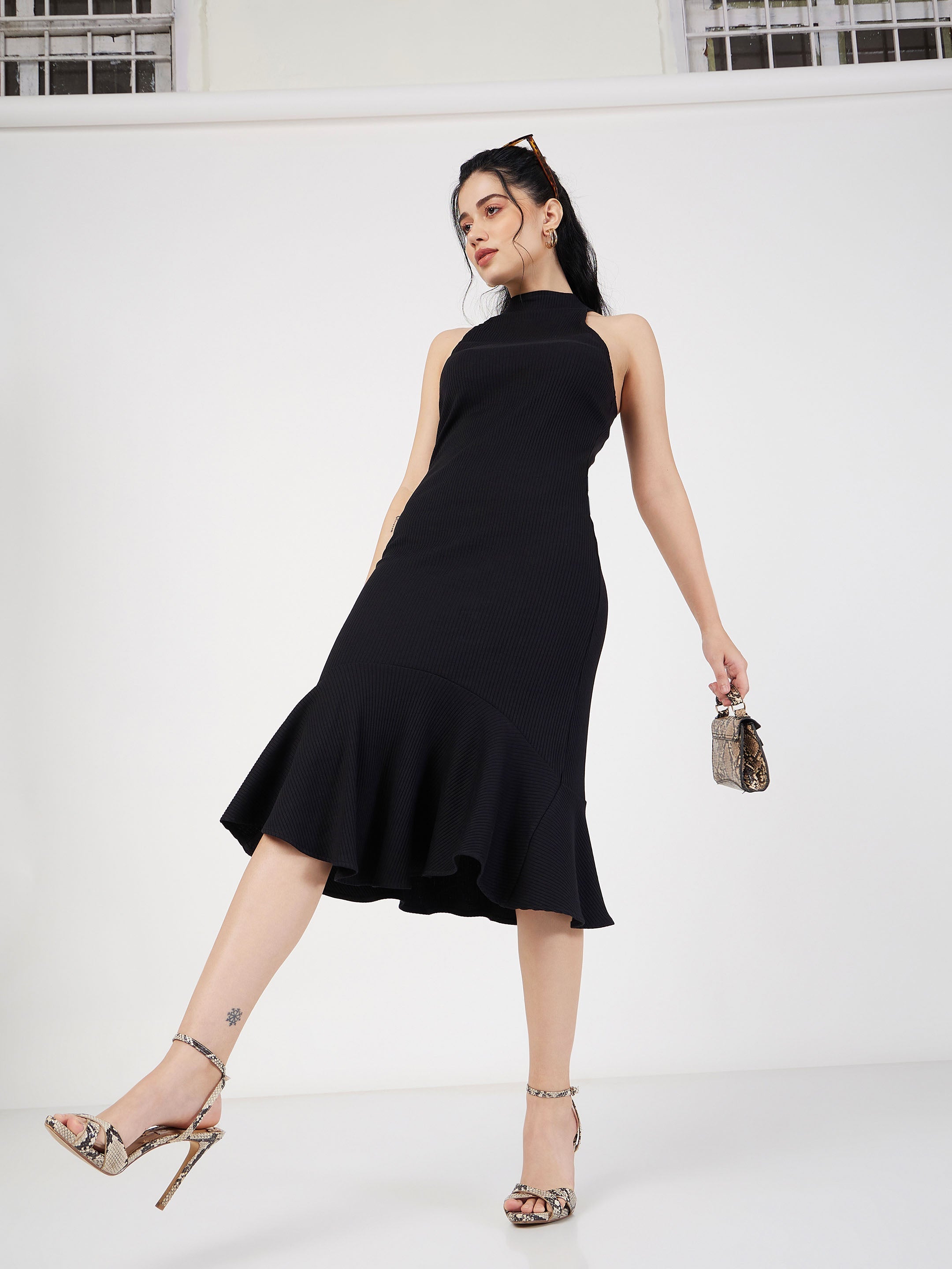 Women Black Rib Fish Frill Bodycon Midi Dress