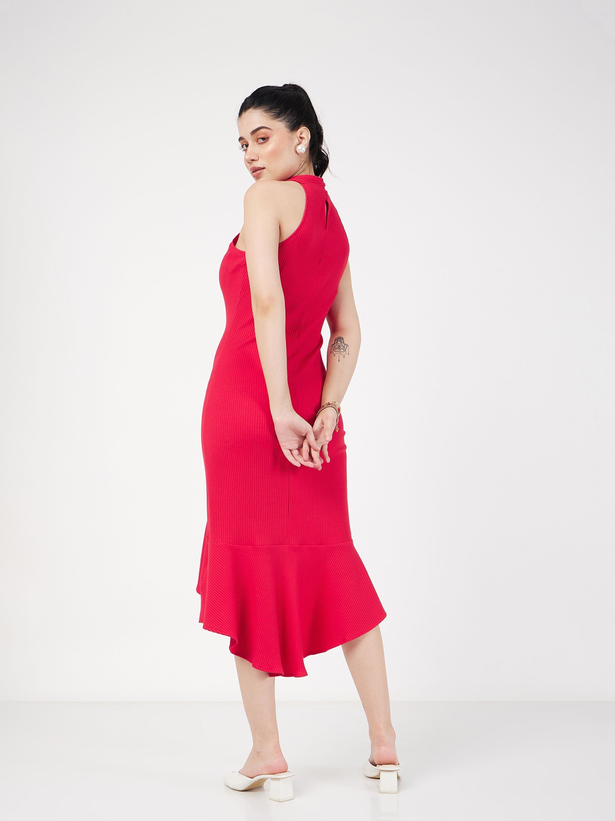 Women Red Rib Fish Frill Bodycon Midi Dress