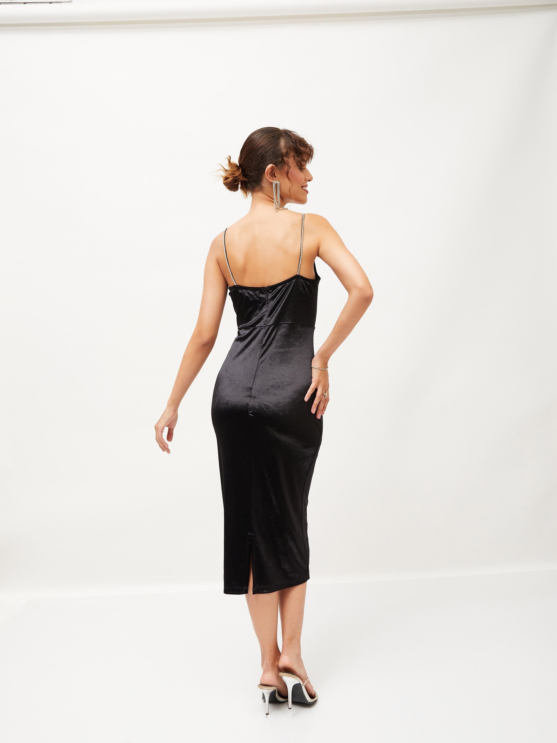 Women Black Velvet Cowl Neck Bodycon Dress