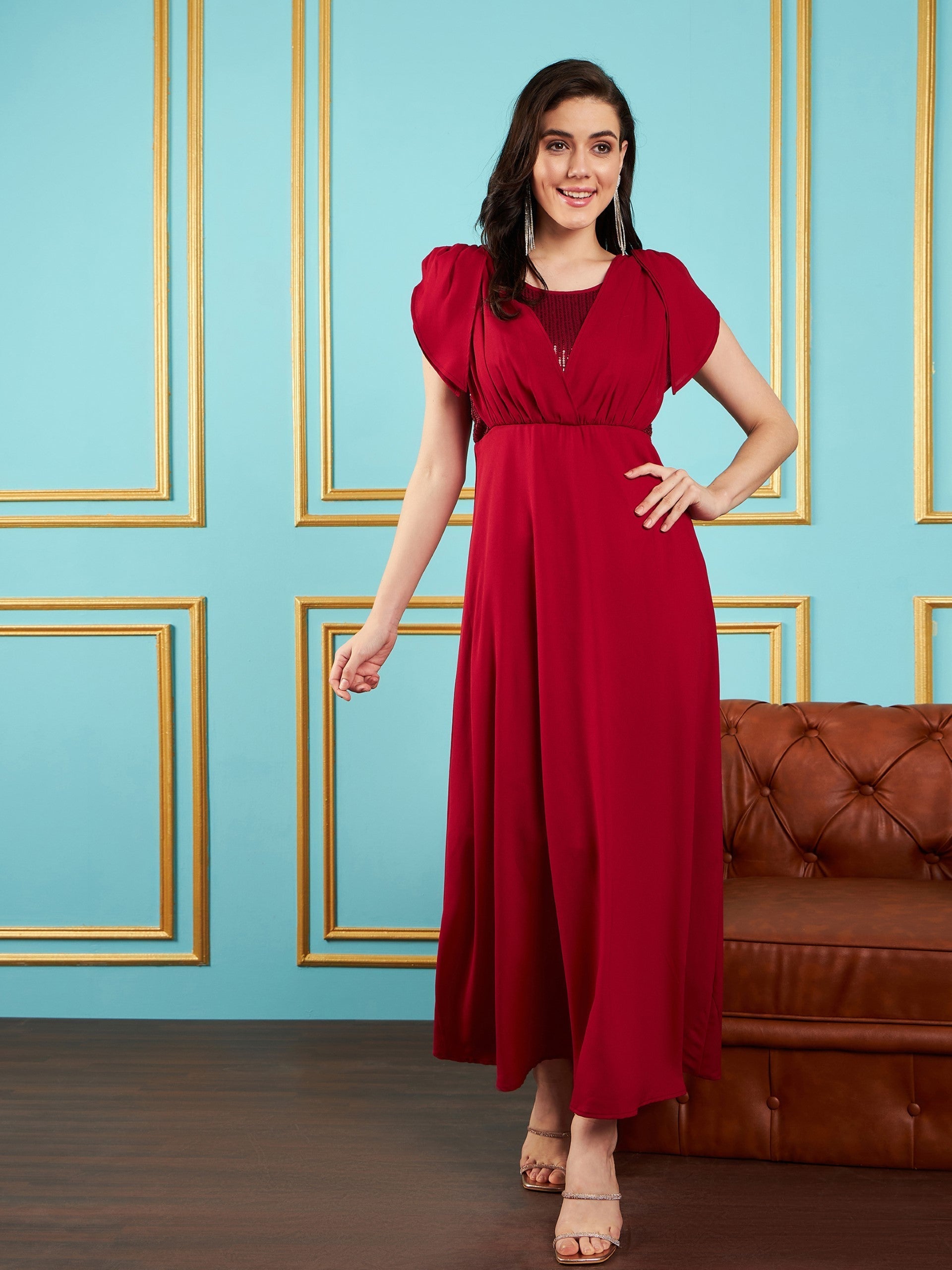 Women Maroon Sequin Cowl Neck Flared Maxi Dress