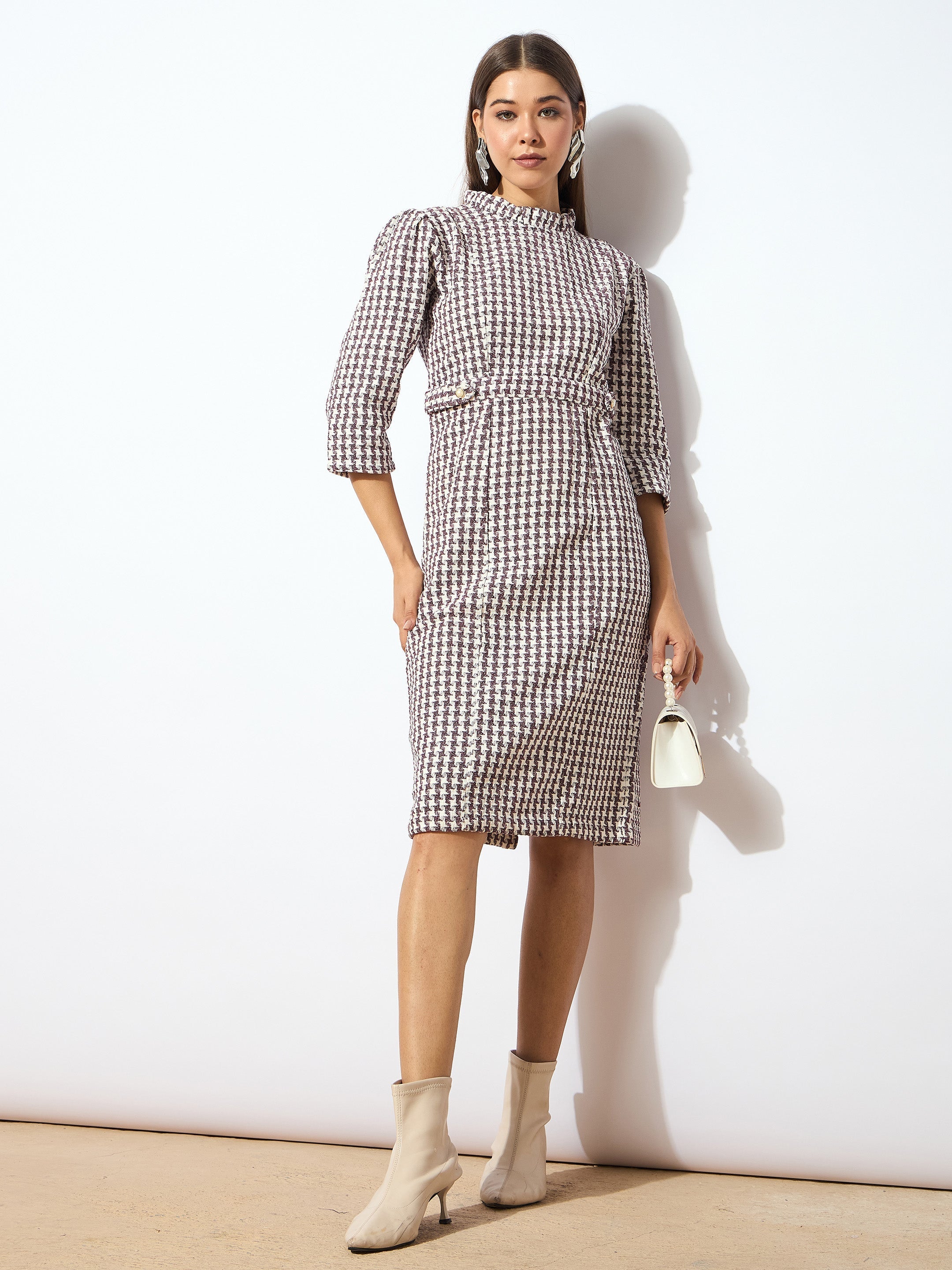 Women Burgundy Geo Jacquard Tweed Midi Dress
