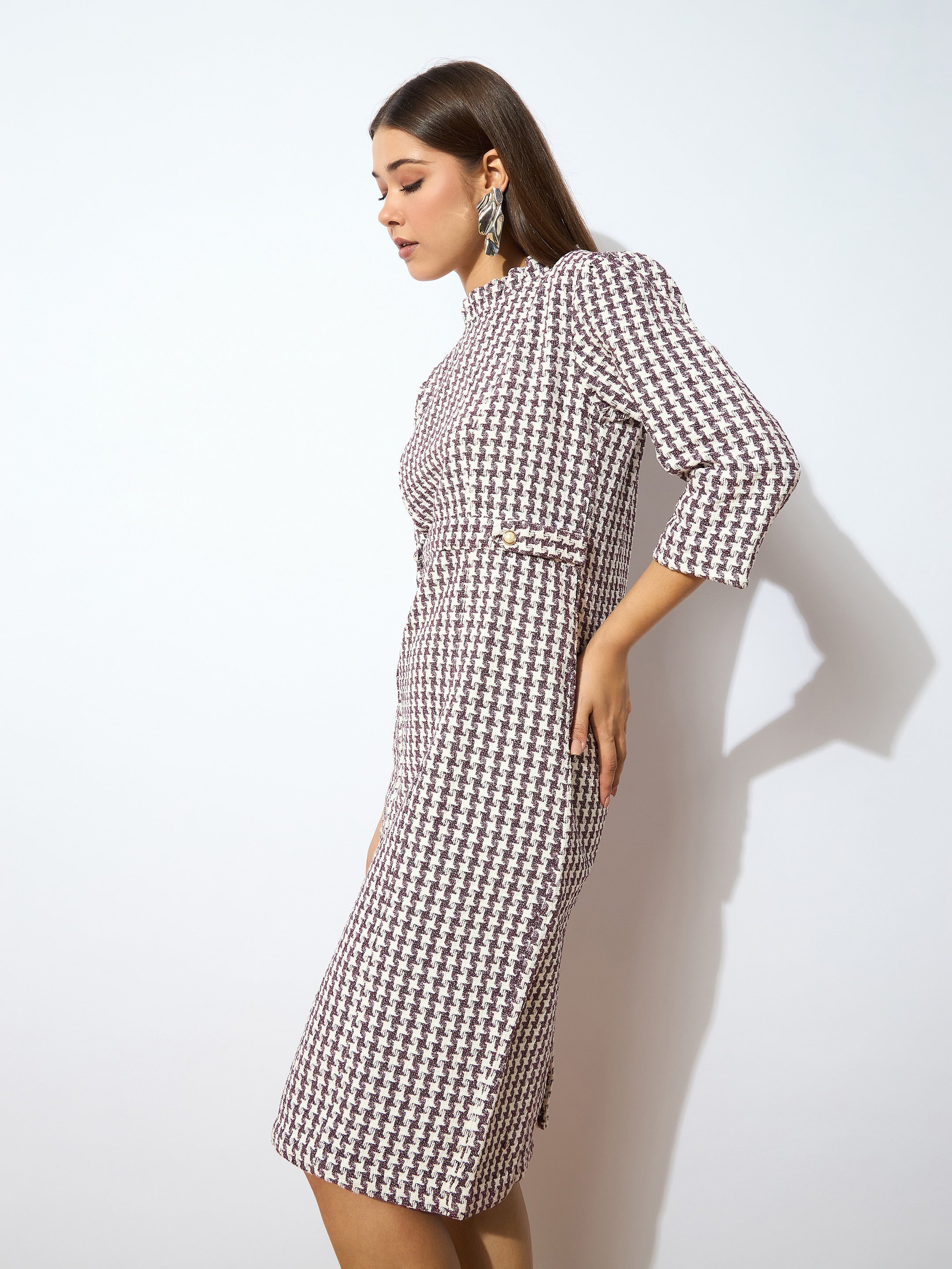 Women Burgundy Geo Jacquard Tweed Midi Dress