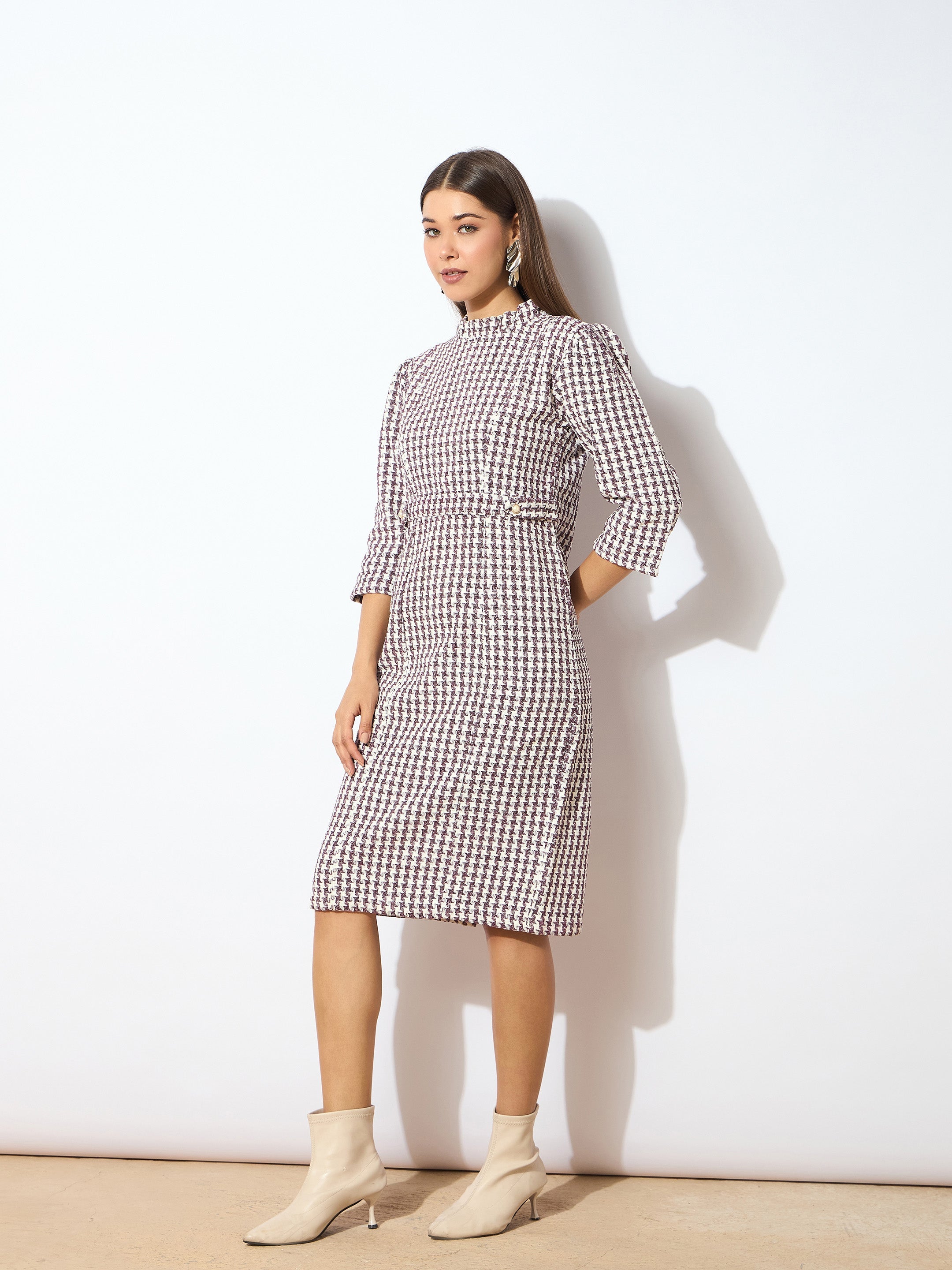 Women Burgundy Geo Jacquard Tweed Midi Dress