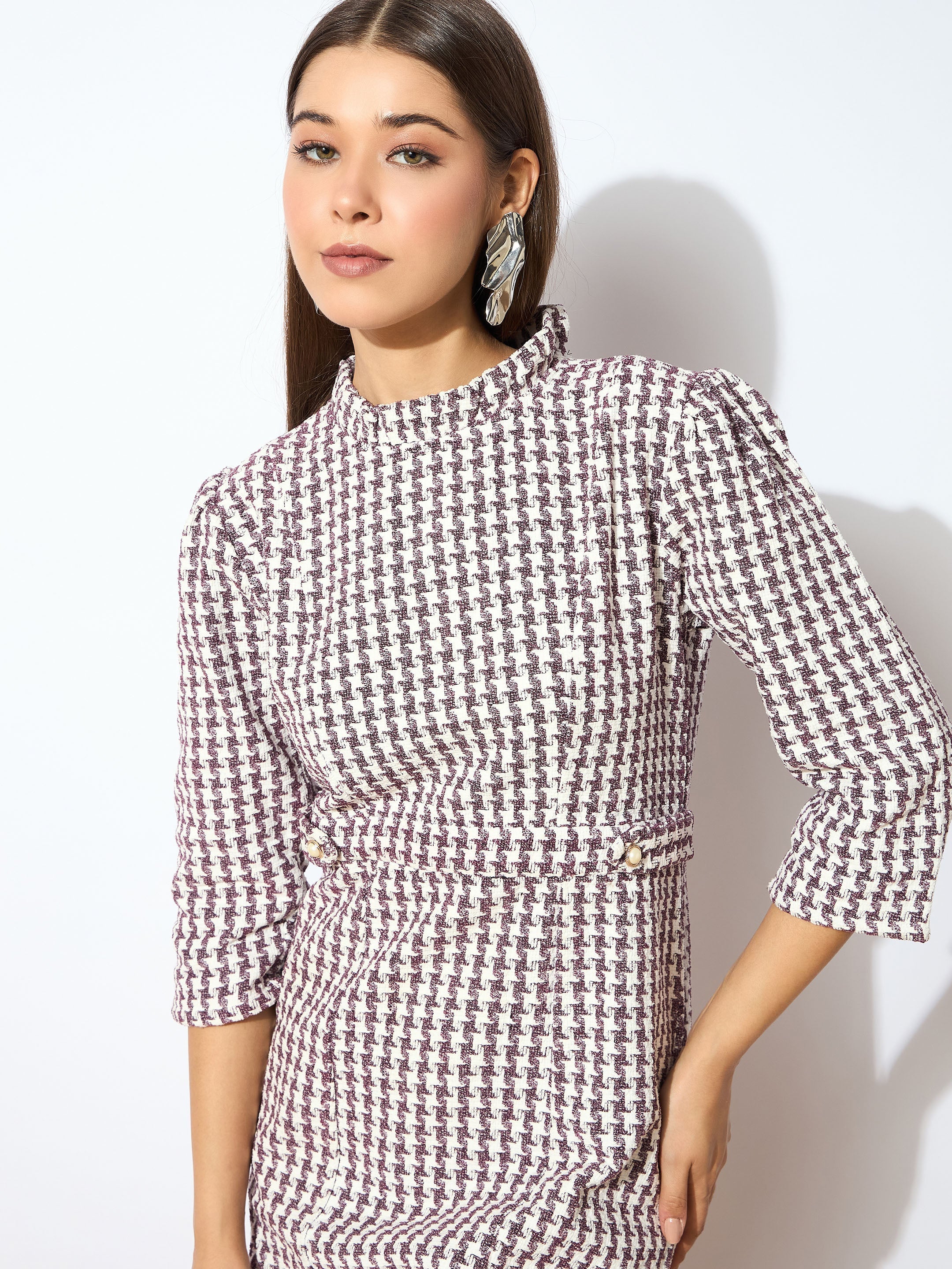 Women Burgundy Geo Jacquard Tweed Midi Dress