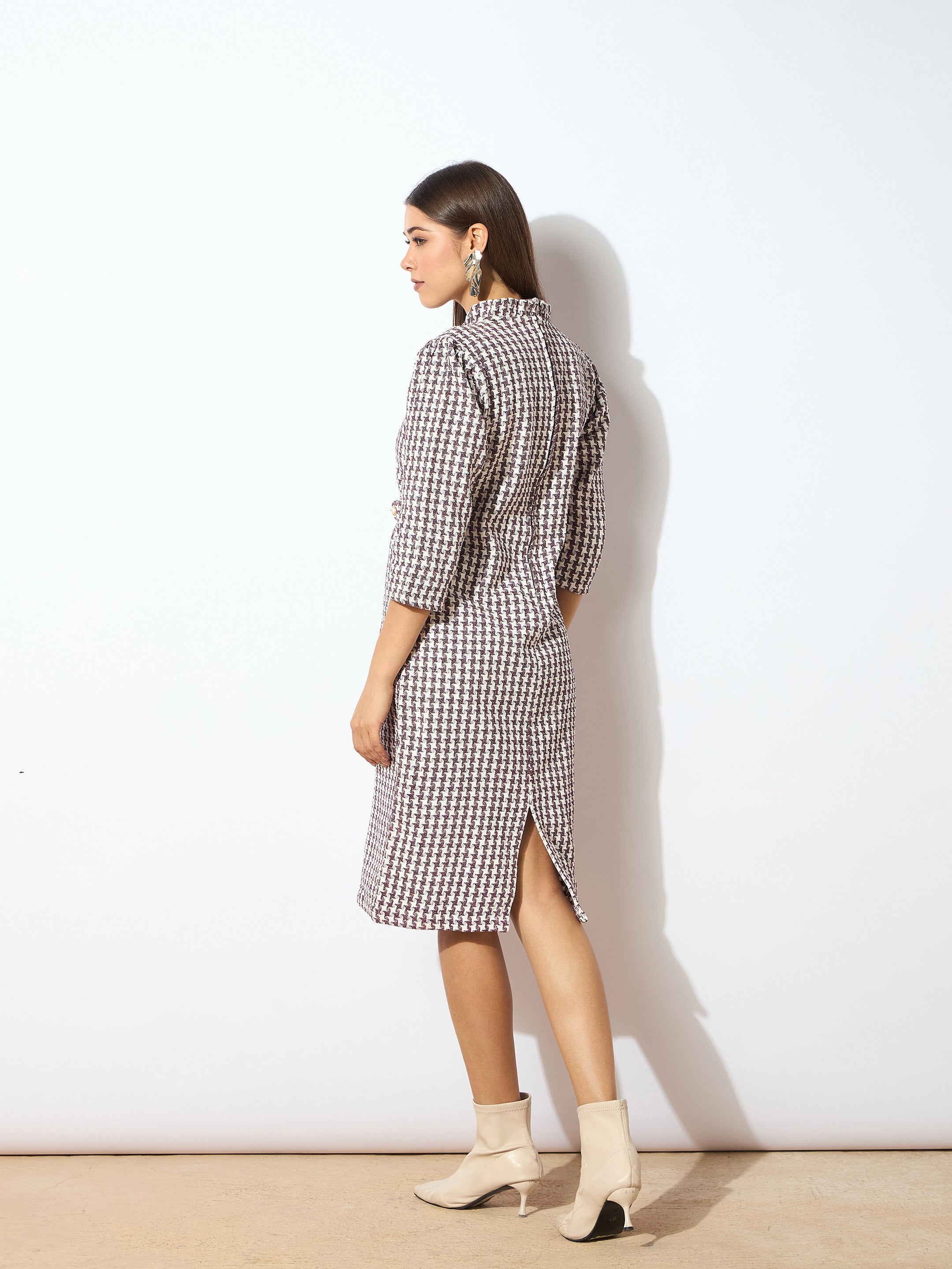 Women Burgundy Geo Jacquard Tweed Midi Dress