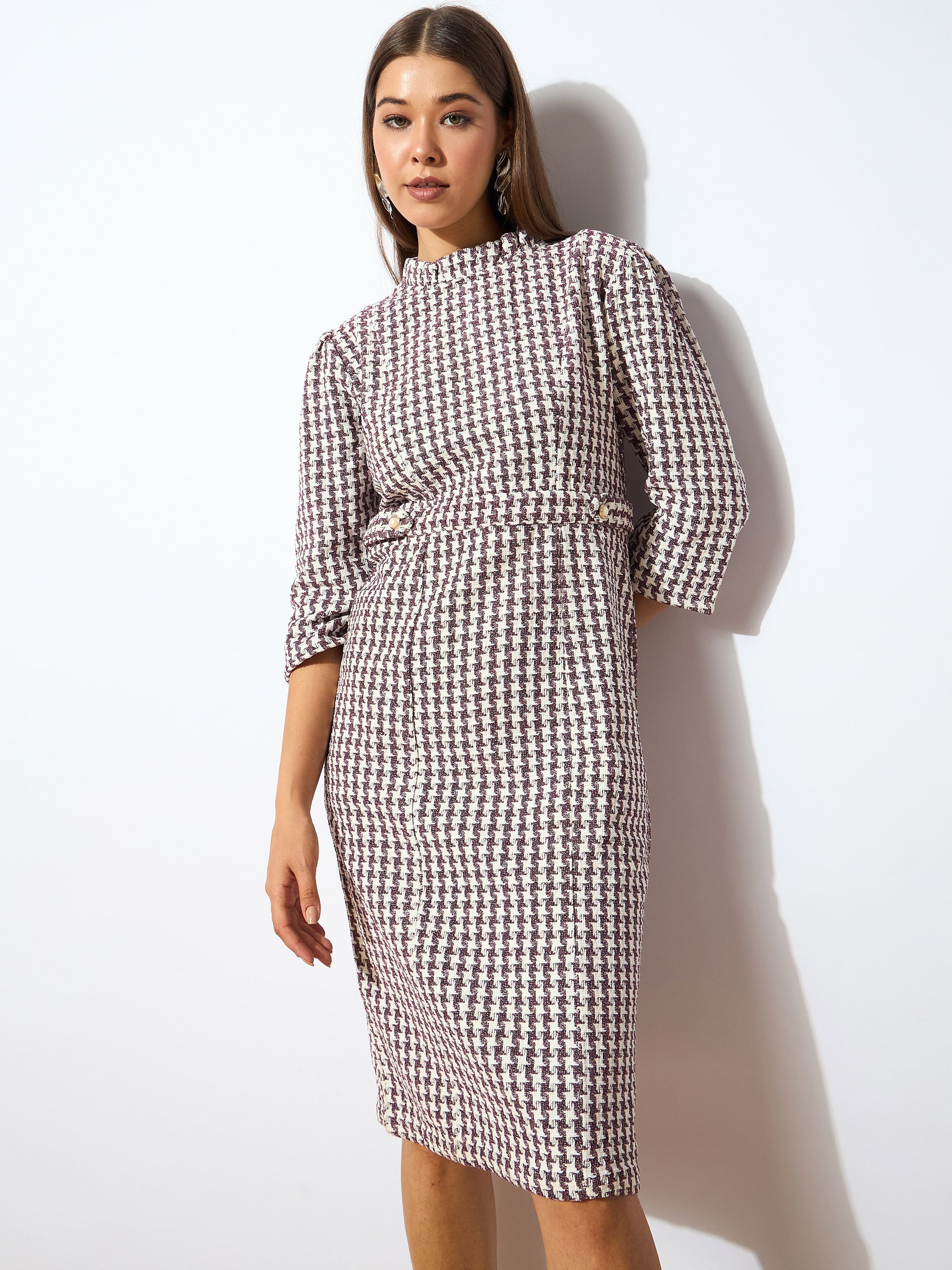 Women Burgundy Geo Jacquard Tweed Midi Dress