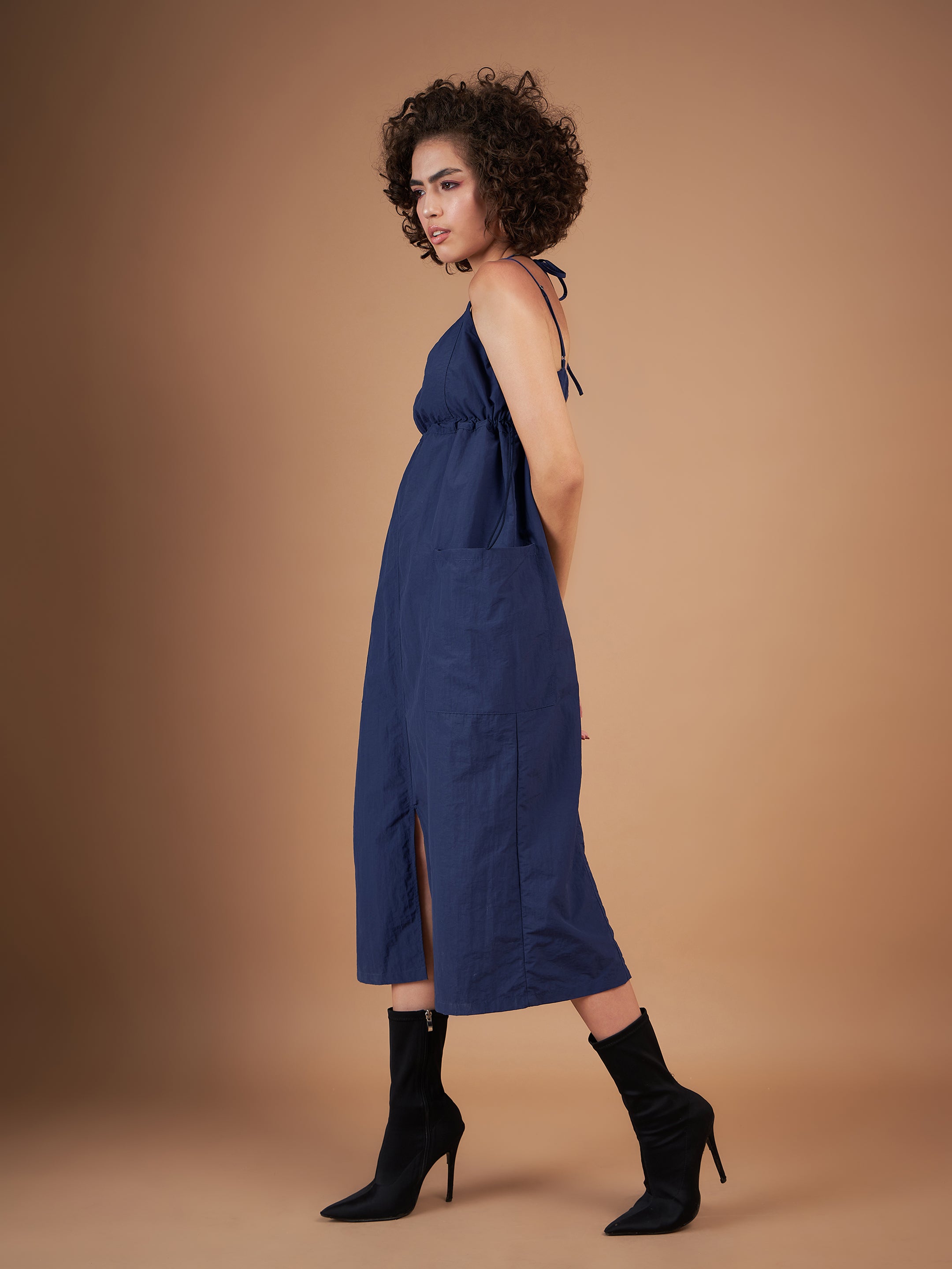 Women Navy Front Pockets Parachute Dungaree Dress