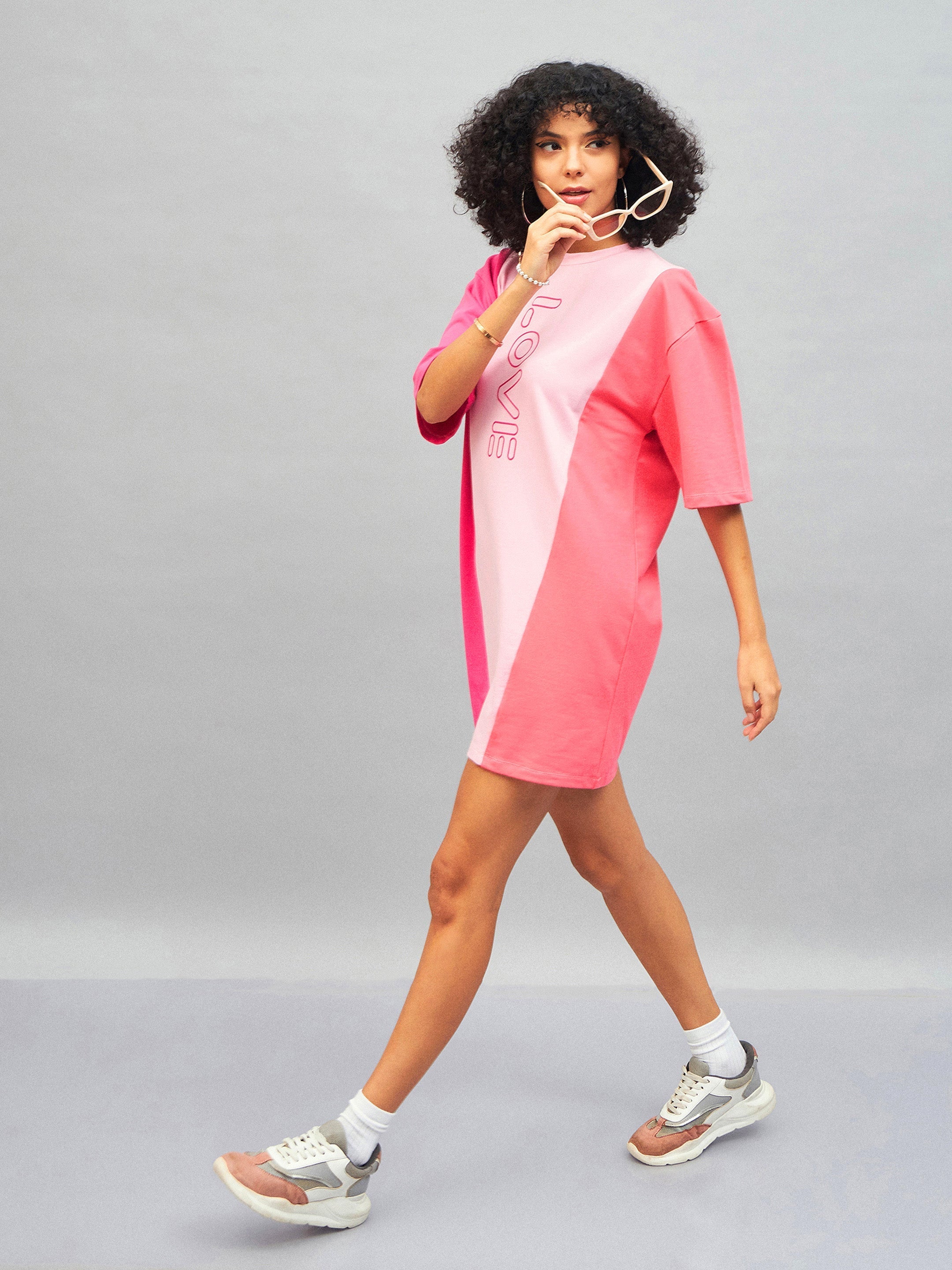 Women Pink LOVE ColorBlock T-Shirt Dress