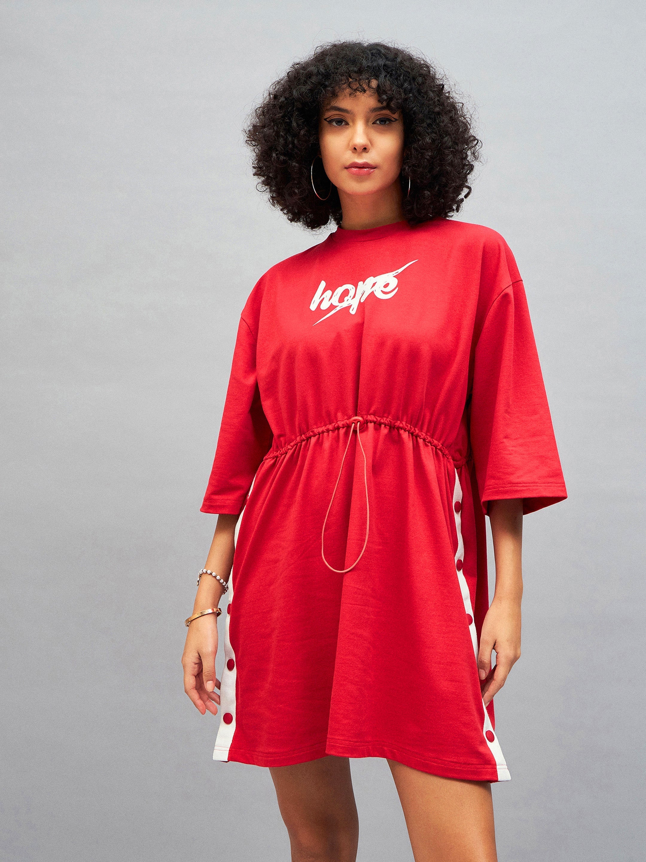 Women Red Knitted HOPE T-Shirt Dress