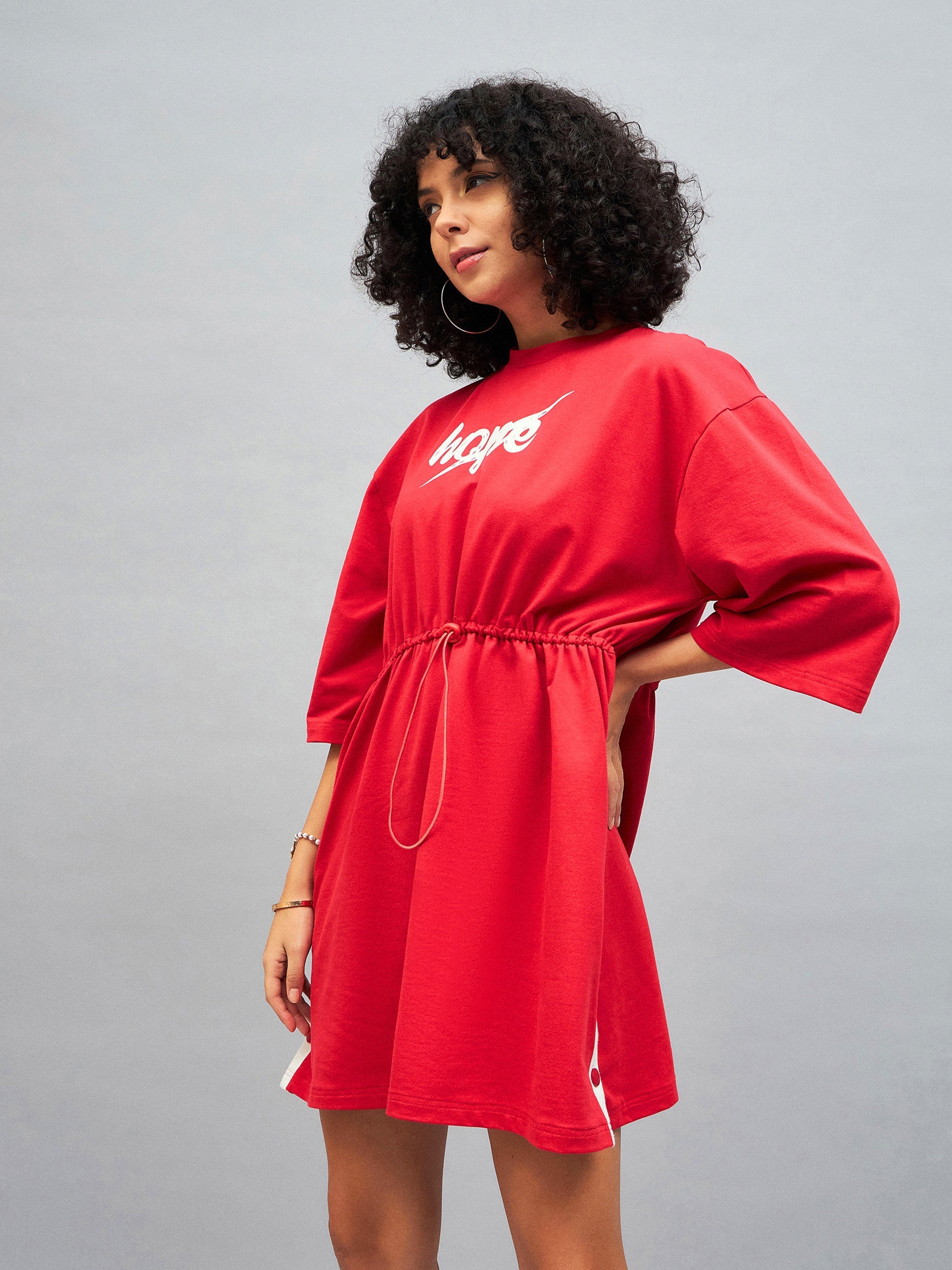 Women Red Knitted HOPE T-Shirt Dress