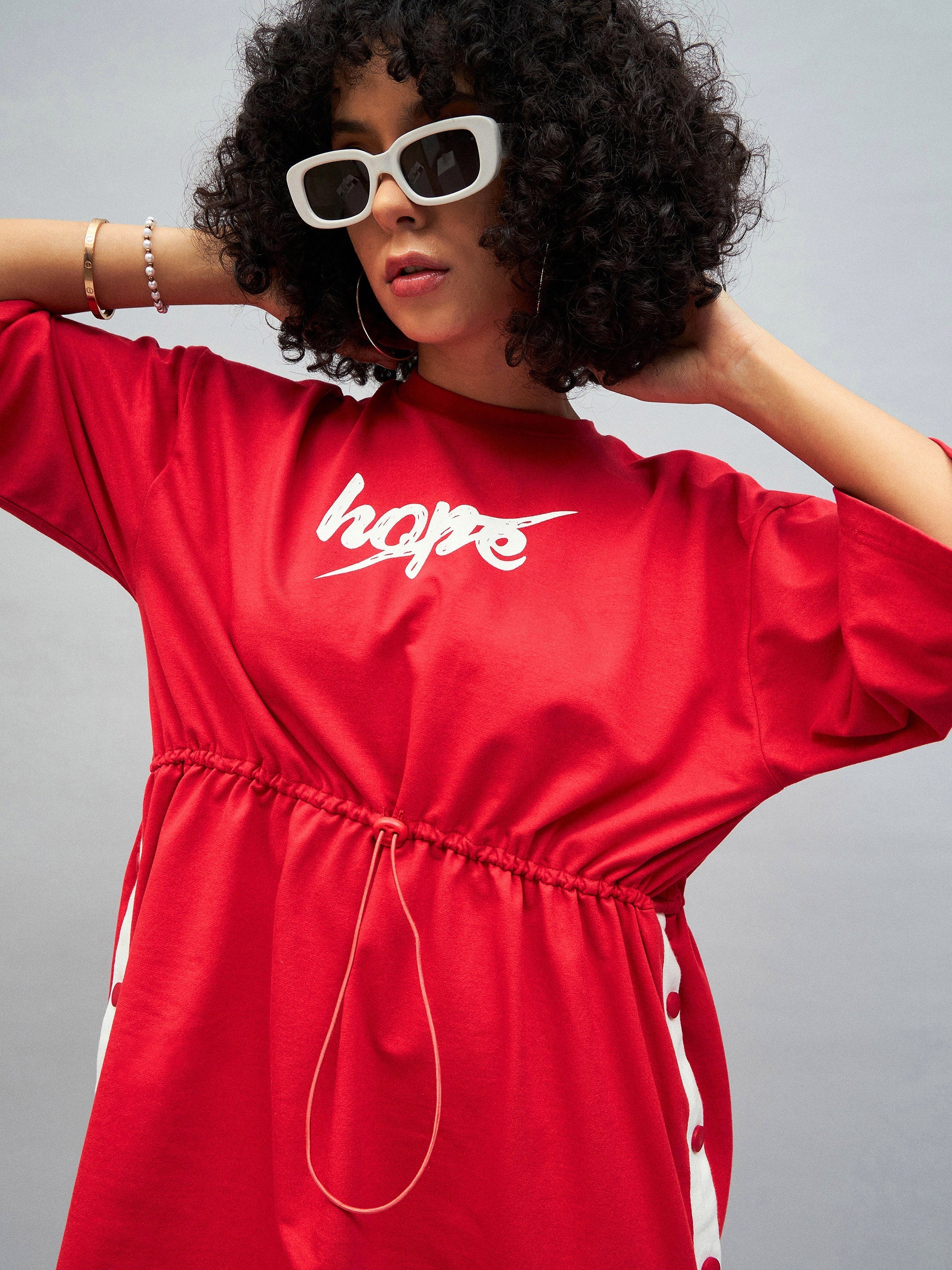 Women Red Knitted HOPE T-Shirt Dress