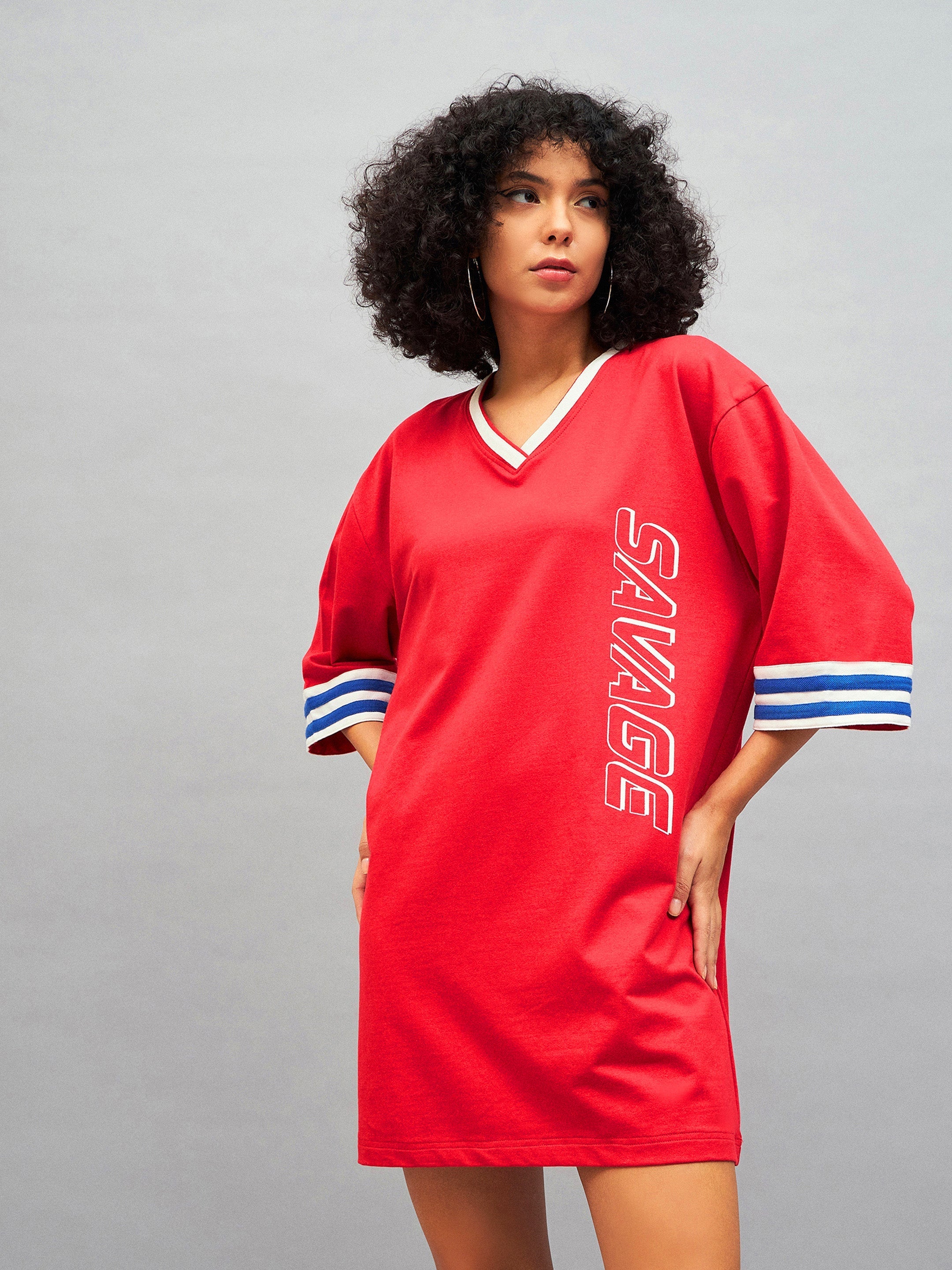 Women Red SAVAGE T-Shirt Dress