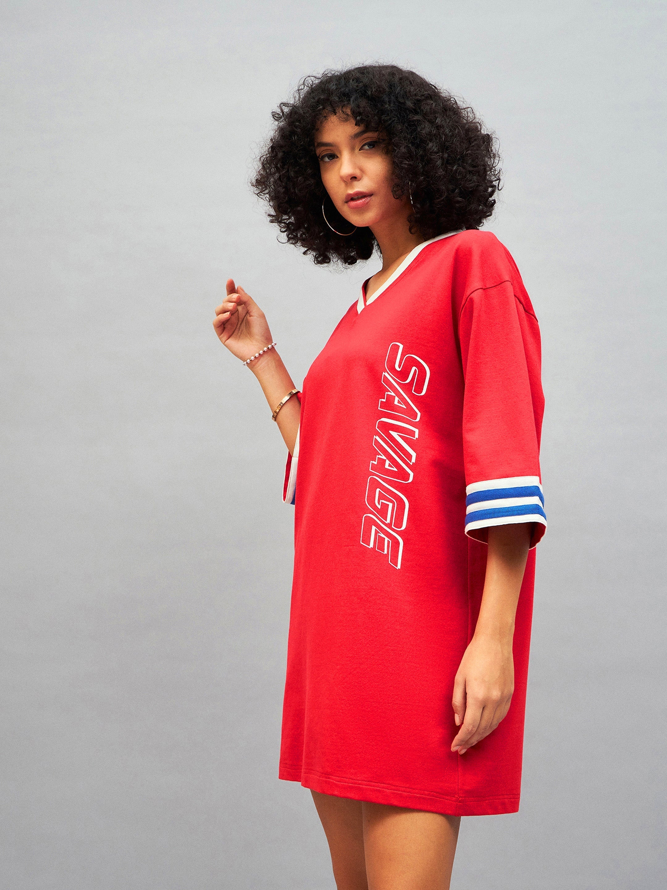 Women Red SAVAGE T-Shirt Dress