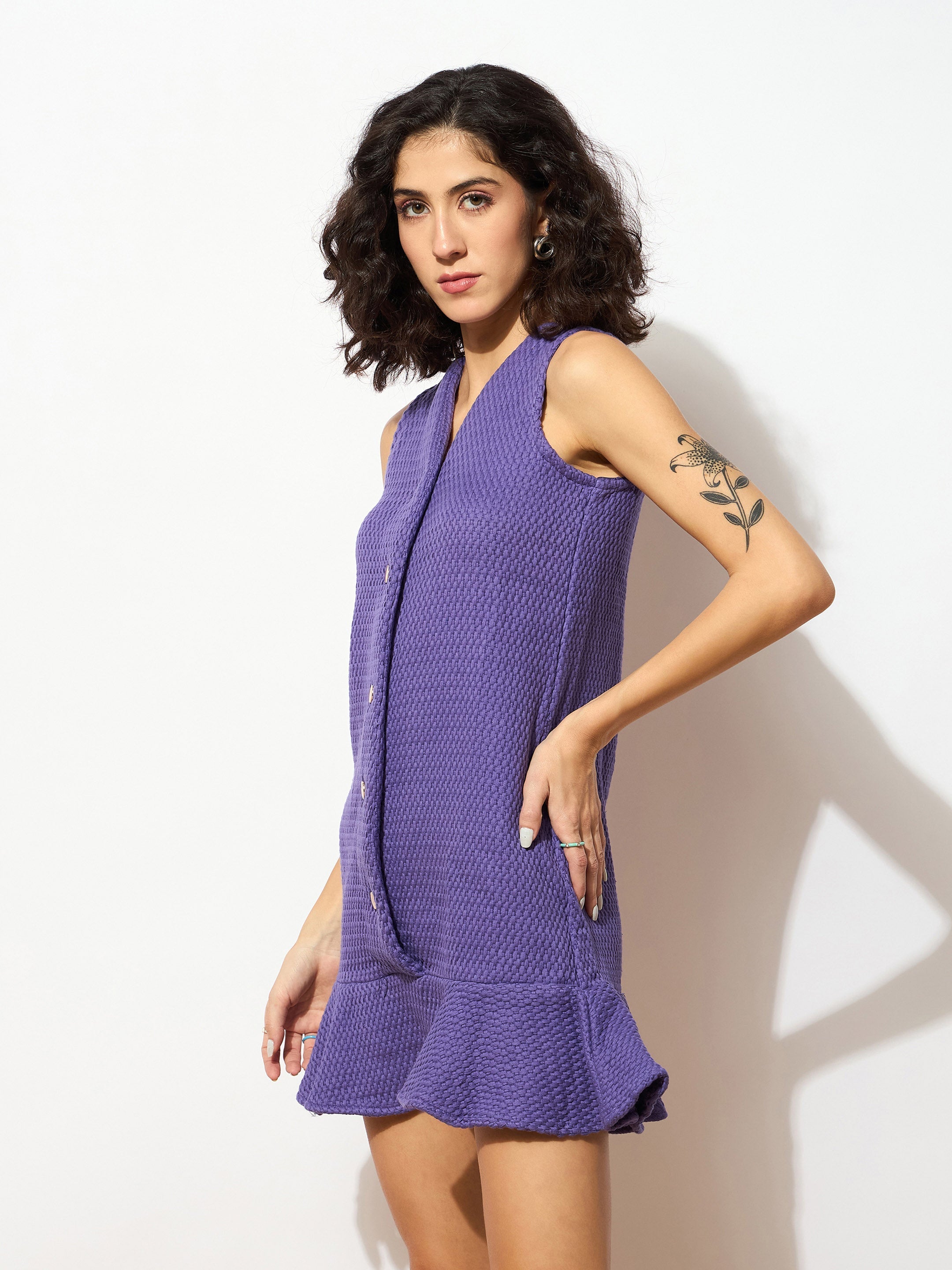 Women Purple Tweed Front Button Frill Hem Dress