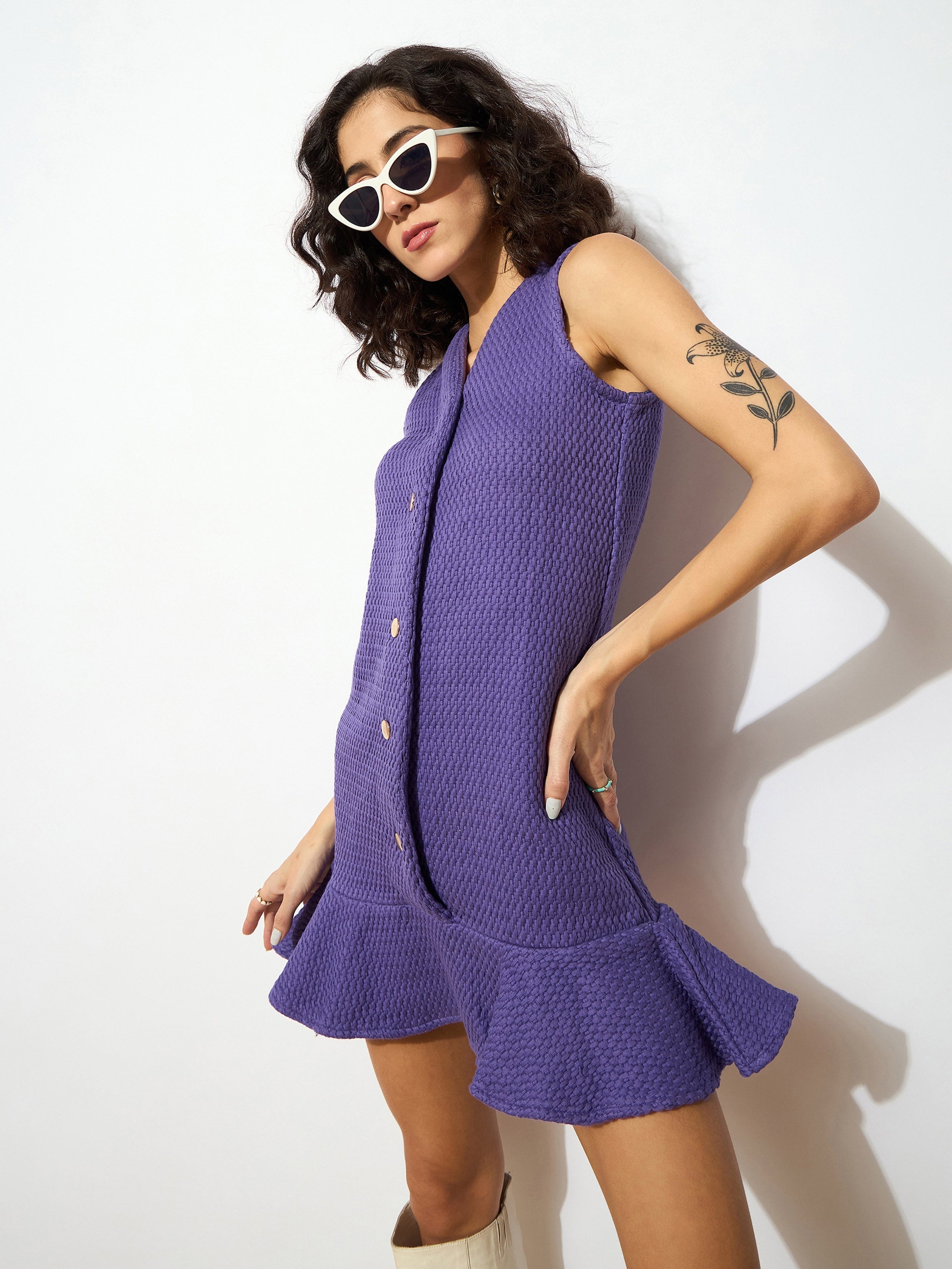 Women Purple Tweed Front Button Frill Hem Dress