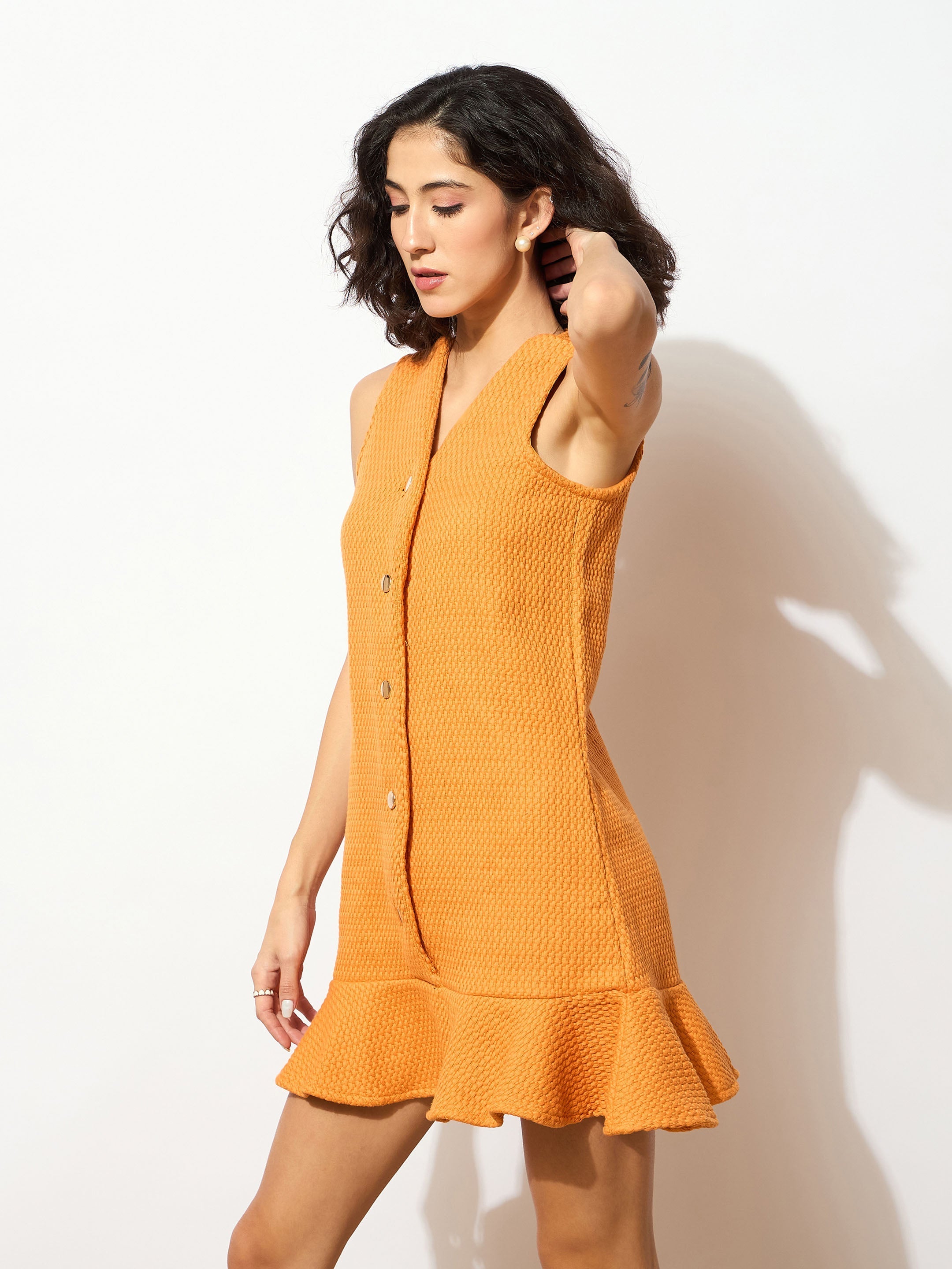 Women Orange Tweed Front Button Frill Hem Dress